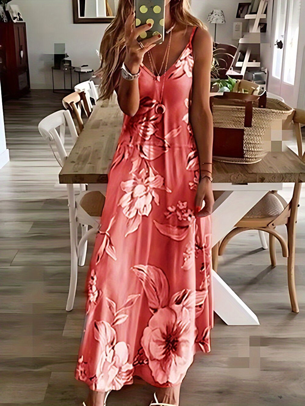 floral print spaghetti dress casual crew neck ankle cami dress womens clothing details 6