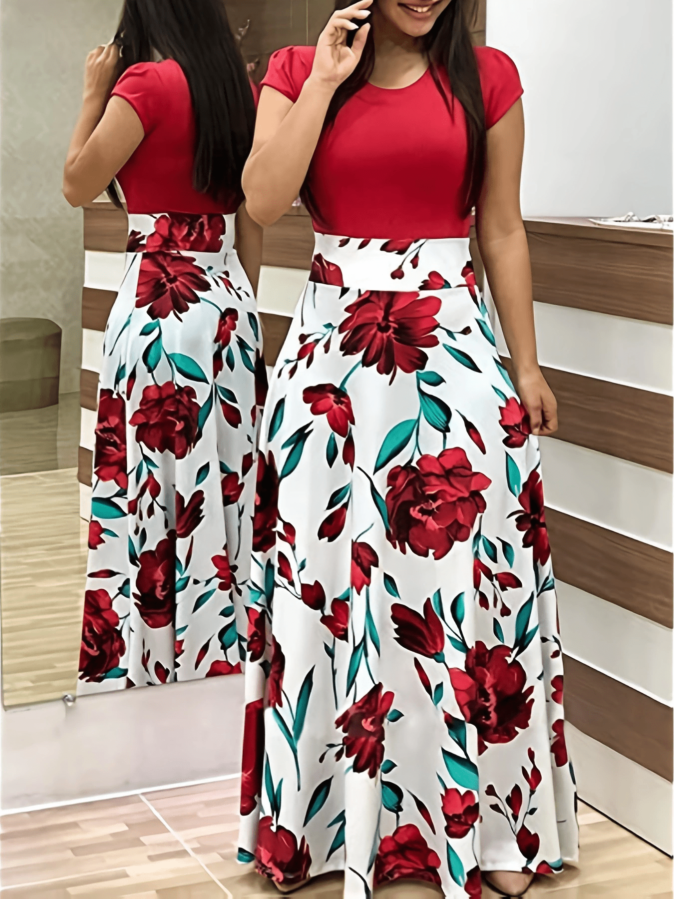 printed splicing crew neck dress elegant short sleeve slim waist pleated maxi dress womens clothing for elegant dressing details 0
