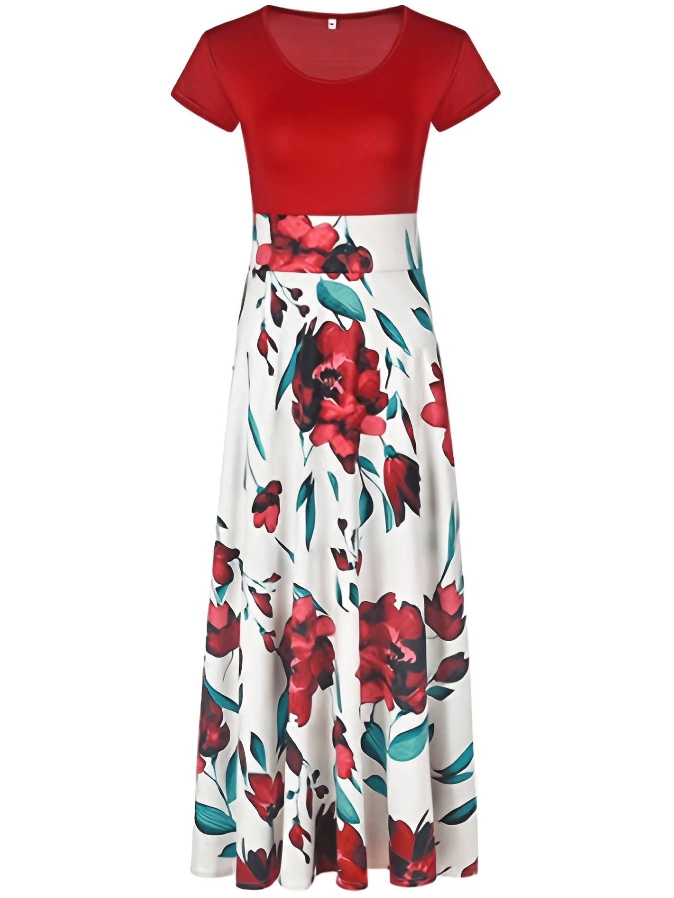 printed splicing crew neck dress elegant short sleeve slim waist pleated maxi dress womens clothing for elegant dressing details 1
