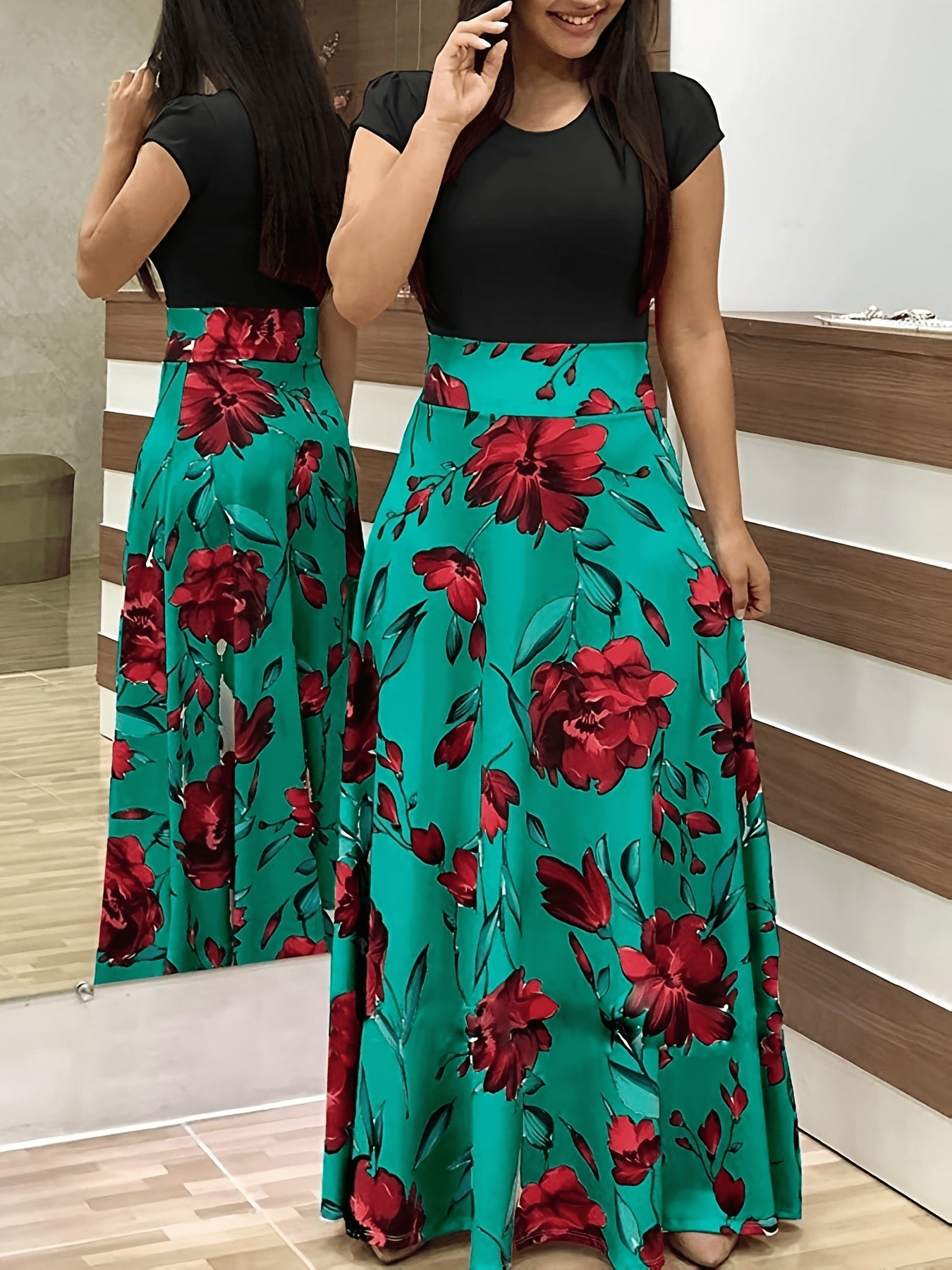printed splicing crew neck dress elegant short sleeve slim waist pleated maxi dress womens clothing for elegant dressing details 2