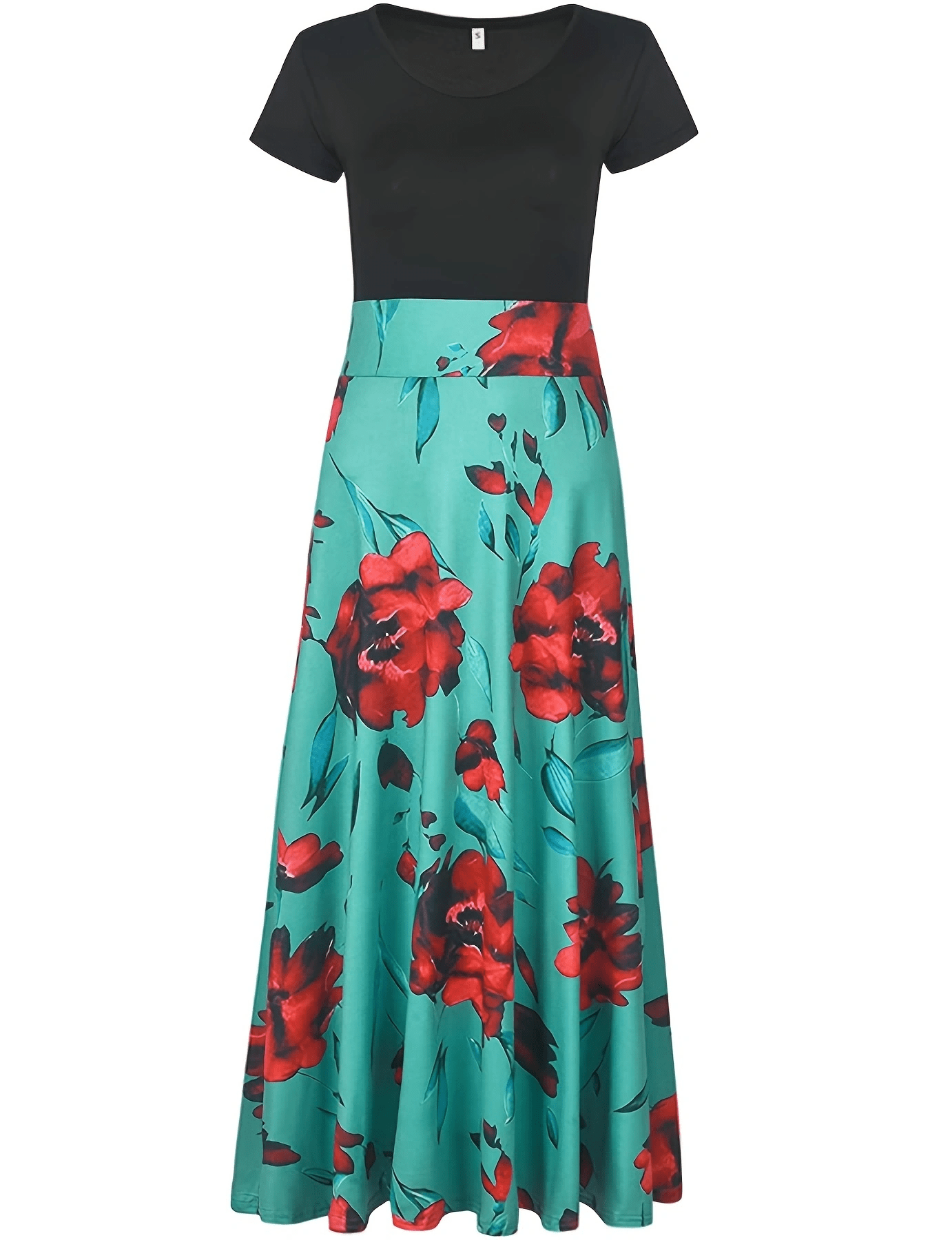 printed splicing crew neck dress elegant short sleeve slim waist pleated maxi dress womens clothing for elegant dressing details 3
