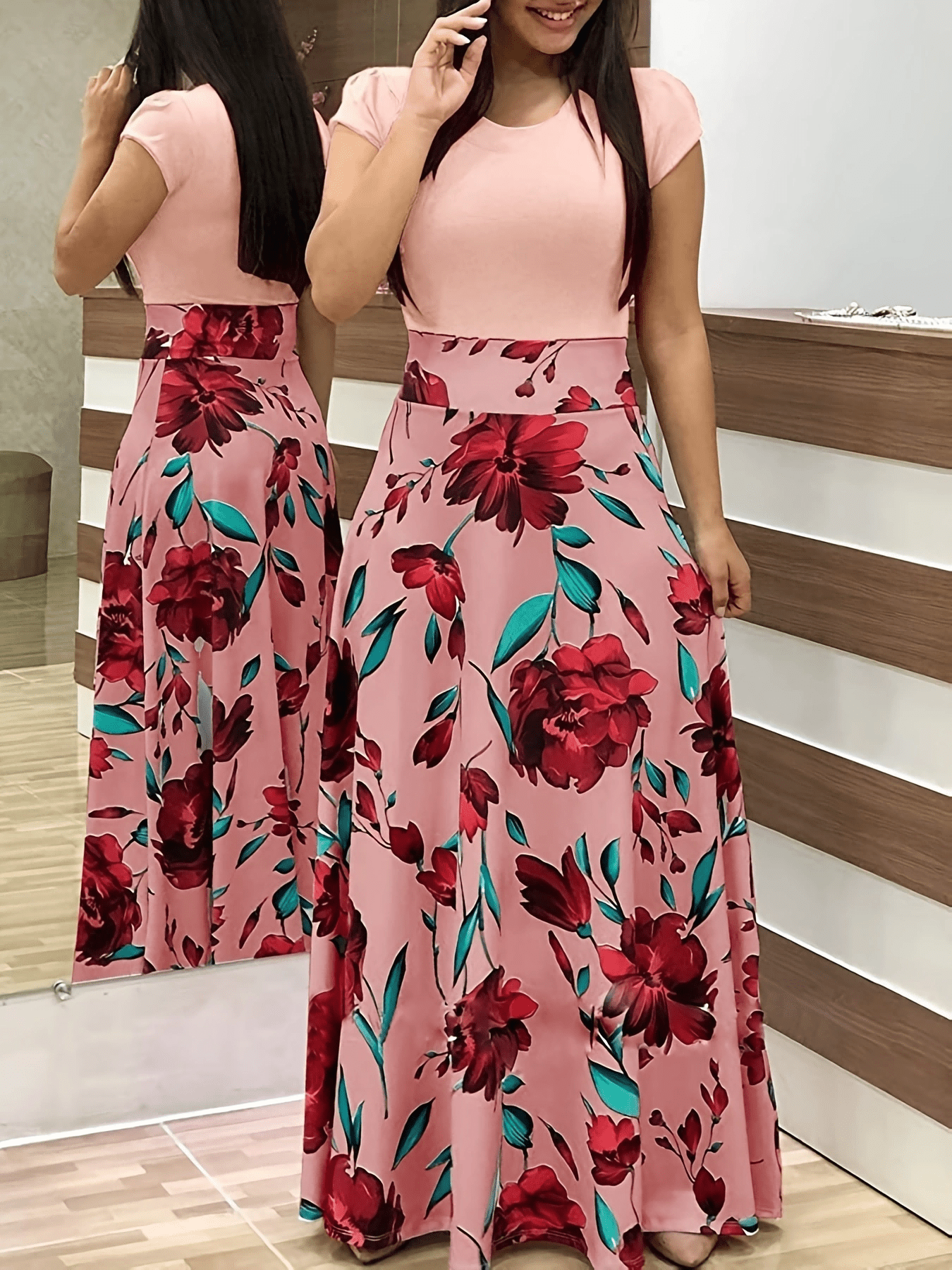 printed splicing crew neck dress elegant short sleeve slim waist pleated maxi dress womens clothing for elegant dressing details 4