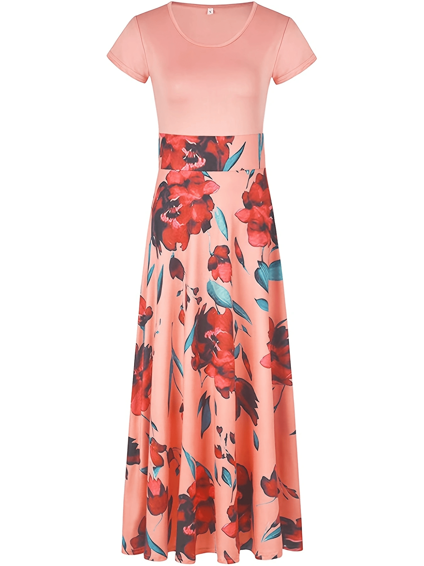 printed splicing crew neck dress elegant short sleeve slim waist pleated maxi dress womens clothing for elegant dressing details 6