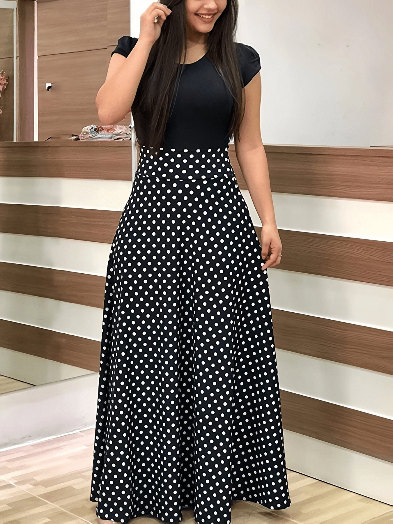 printed splicing crew neck dress elegant short sleeve slim waist pleated maxi dress womens clothing for elegant dressing details 7