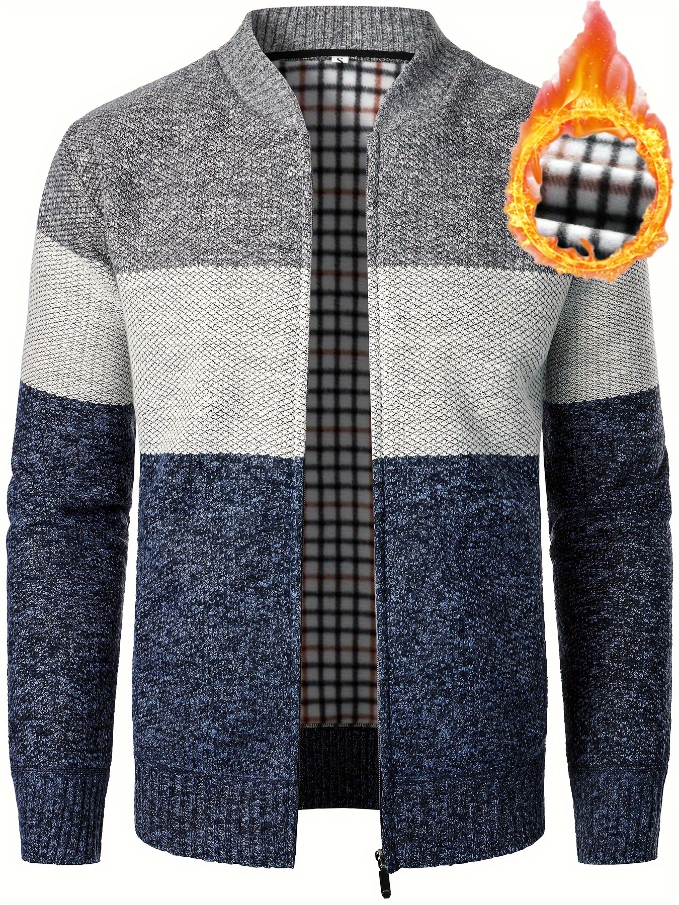 warm and thick fleece jacket for male mens casual comfy color block stretch zip up knit cardigan for winter and fall details 0