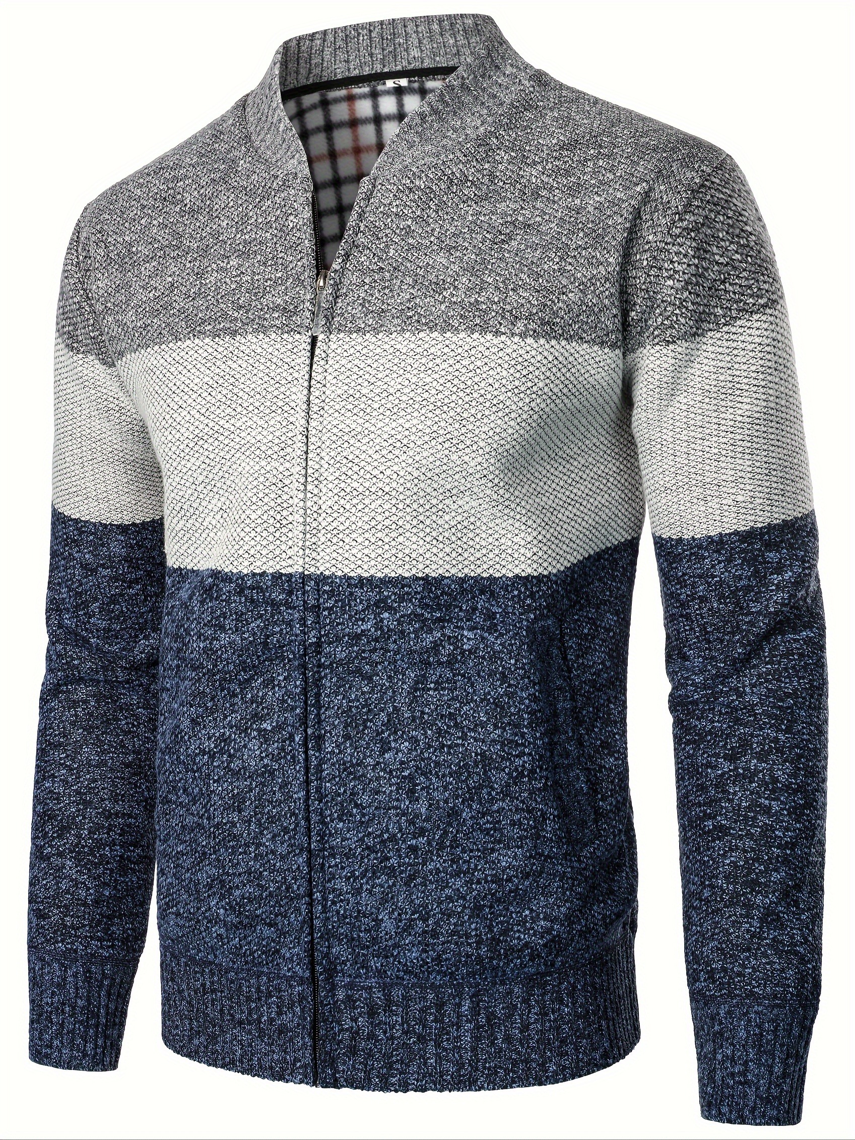 warm and thick fleece jacket for male mens casual comfy color block stretch zip up knit cardigan for winter and fall details 2