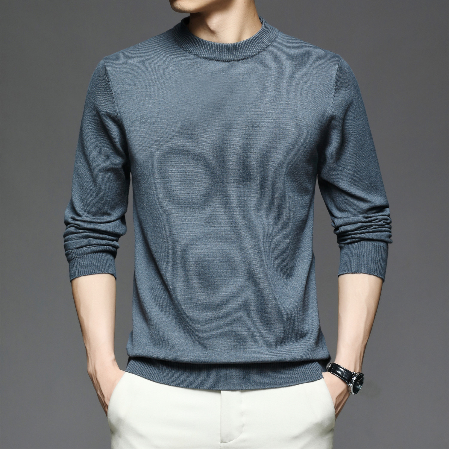 all match knitted sweater mens casual warm slightly stretch crew neck pullover sweater for men details 0