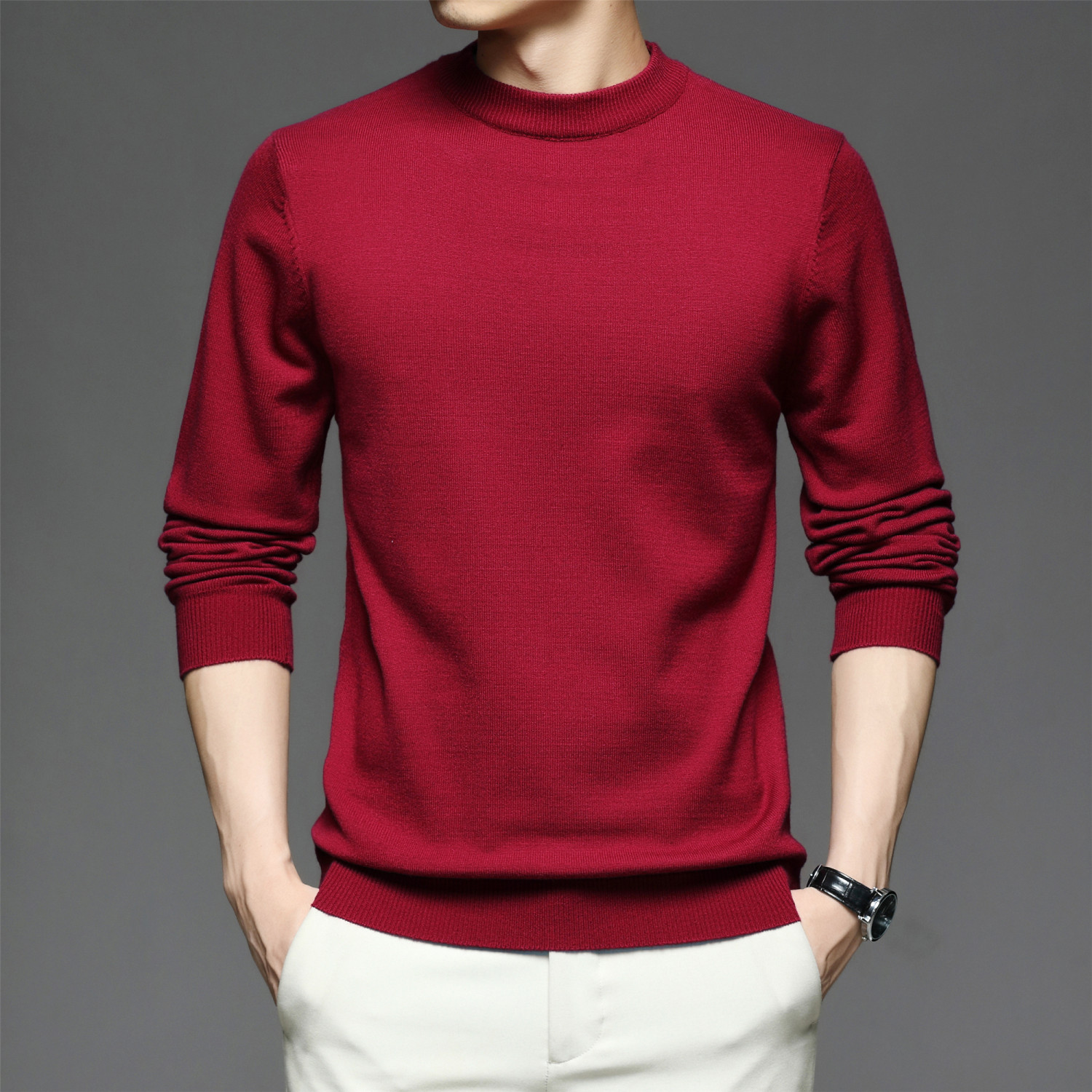 all match knitted sweater mens casual warm slightly stretch crew neck pullover sweater for men details 1