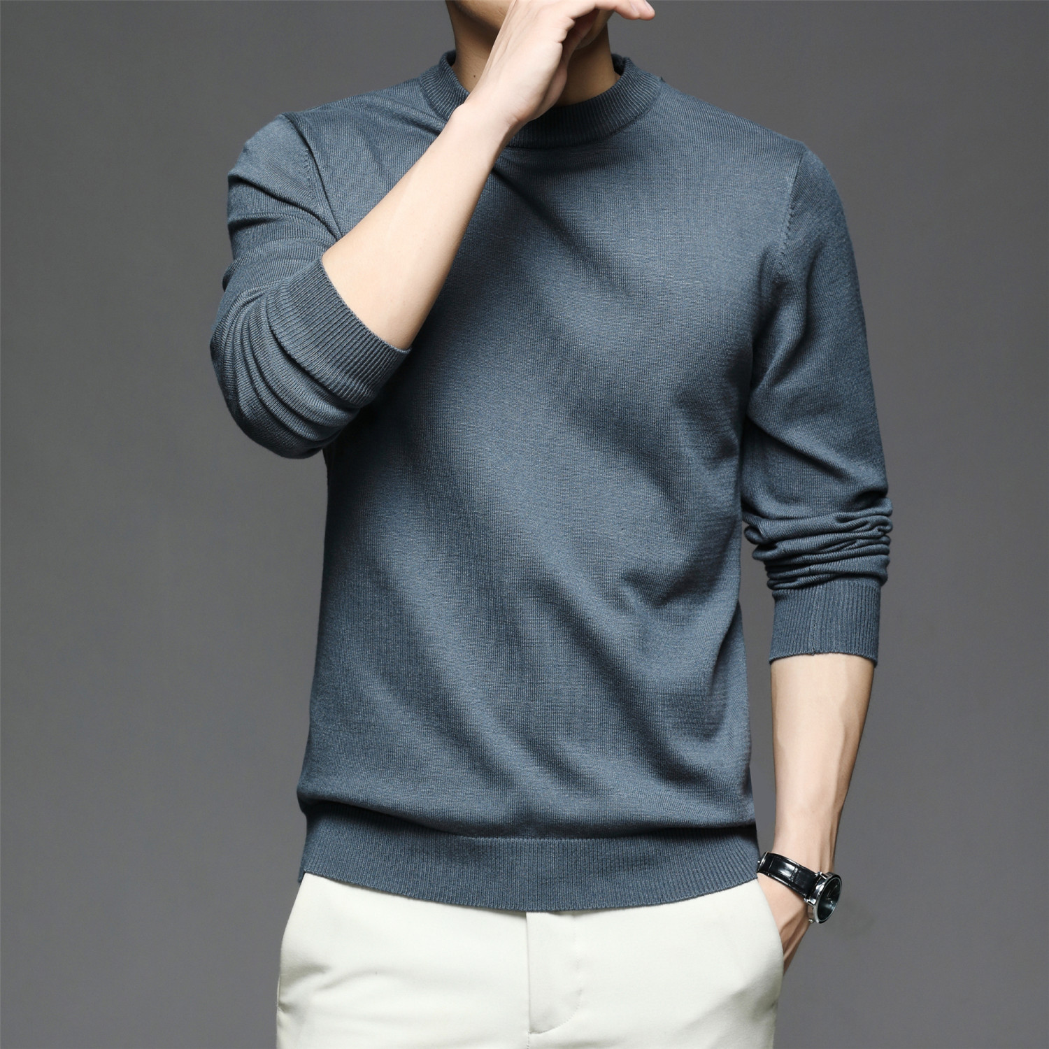 all match knitted sweater mens casual warm slightly stretch crew neck pullover sweater for men details 2