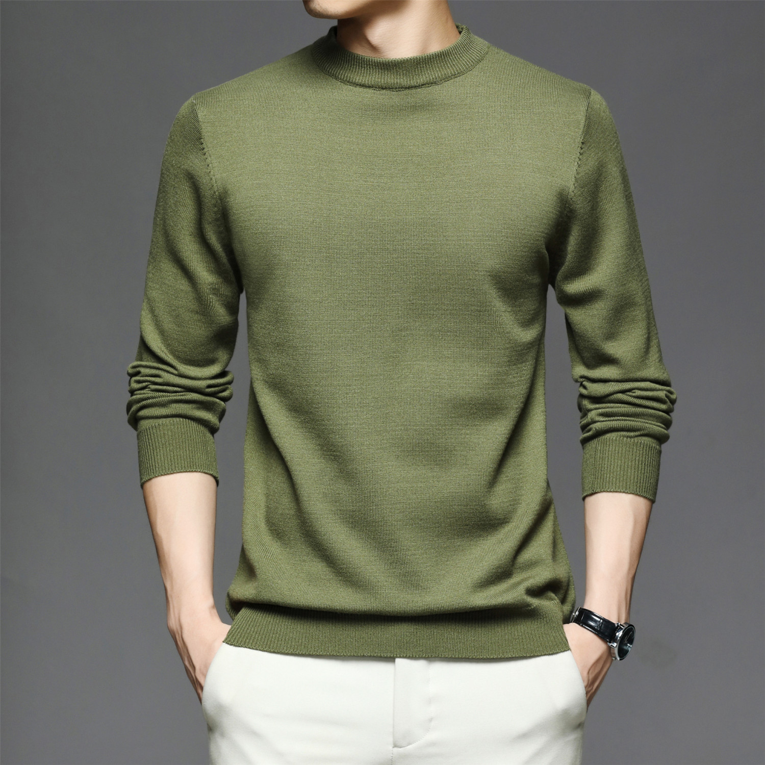 all match knitted sweater mens casual warm slightly stretch crew neck pullover sweater for men details 4