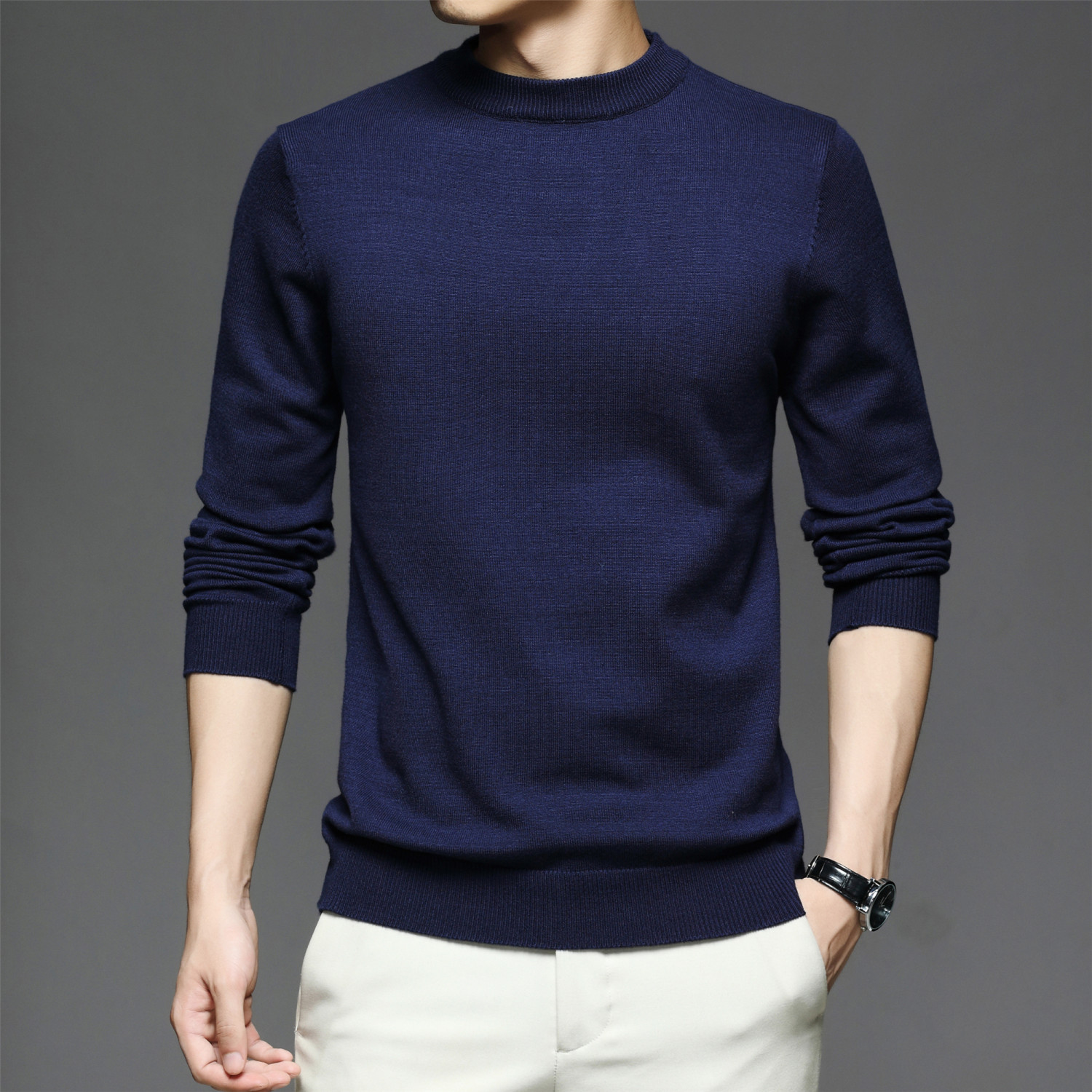 all match knitted sweater mens casual warm slightly stretch crew neck pullover sweater for men details 5