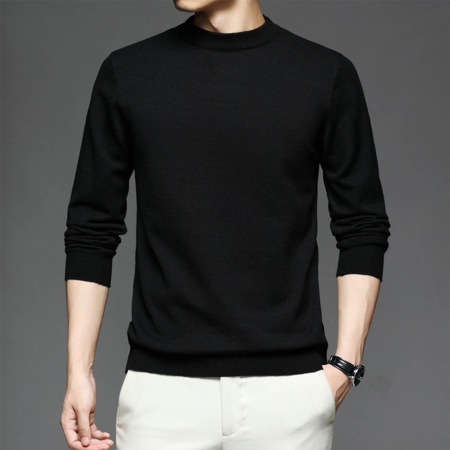 all match knitted sweater mens casual warm slightly stretch crew neck pullover sweater for men details 6