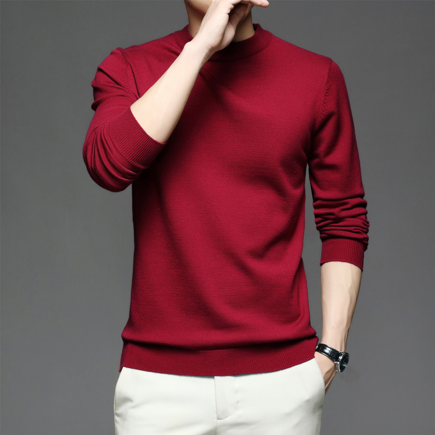 all match knitted sweater mens casual warm slightly stretch crew neck pullover sweater for men details 9