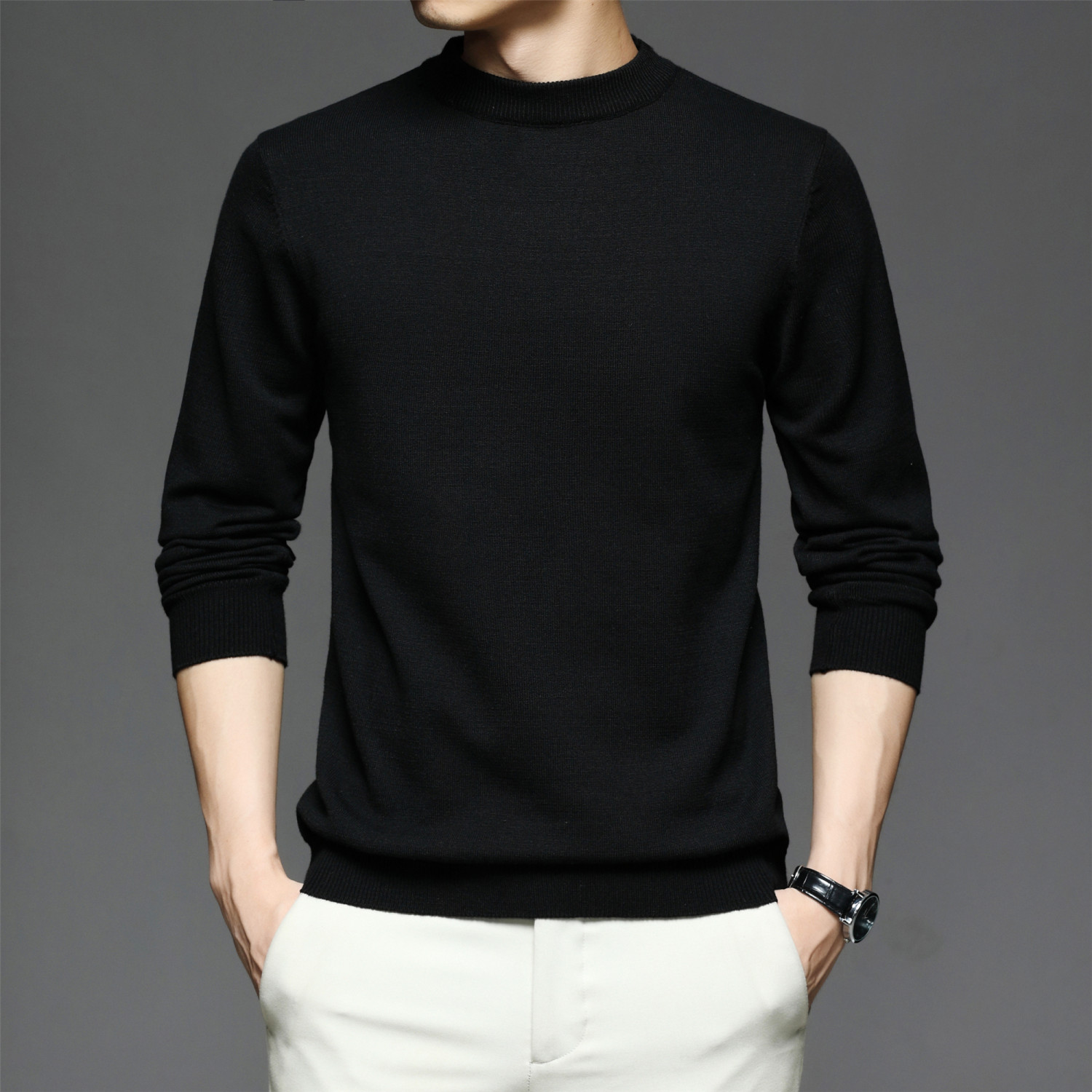all match knitted sweater mens casual warm slightly stretch crew neck pullover sweater for men details 10