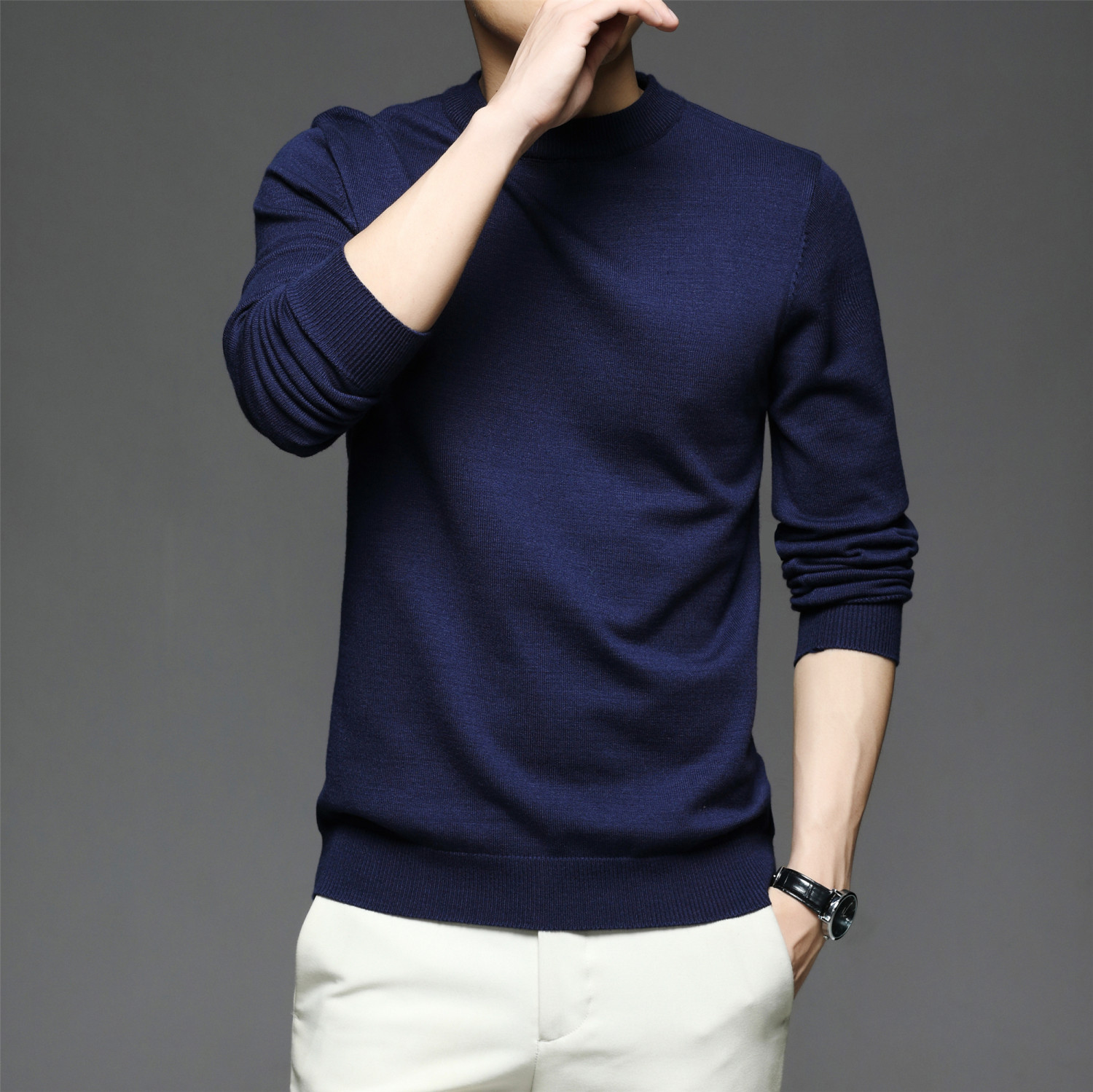 all match knitted sweater mens casual warm slightly stretch crew neck pullover sweater for men details 11