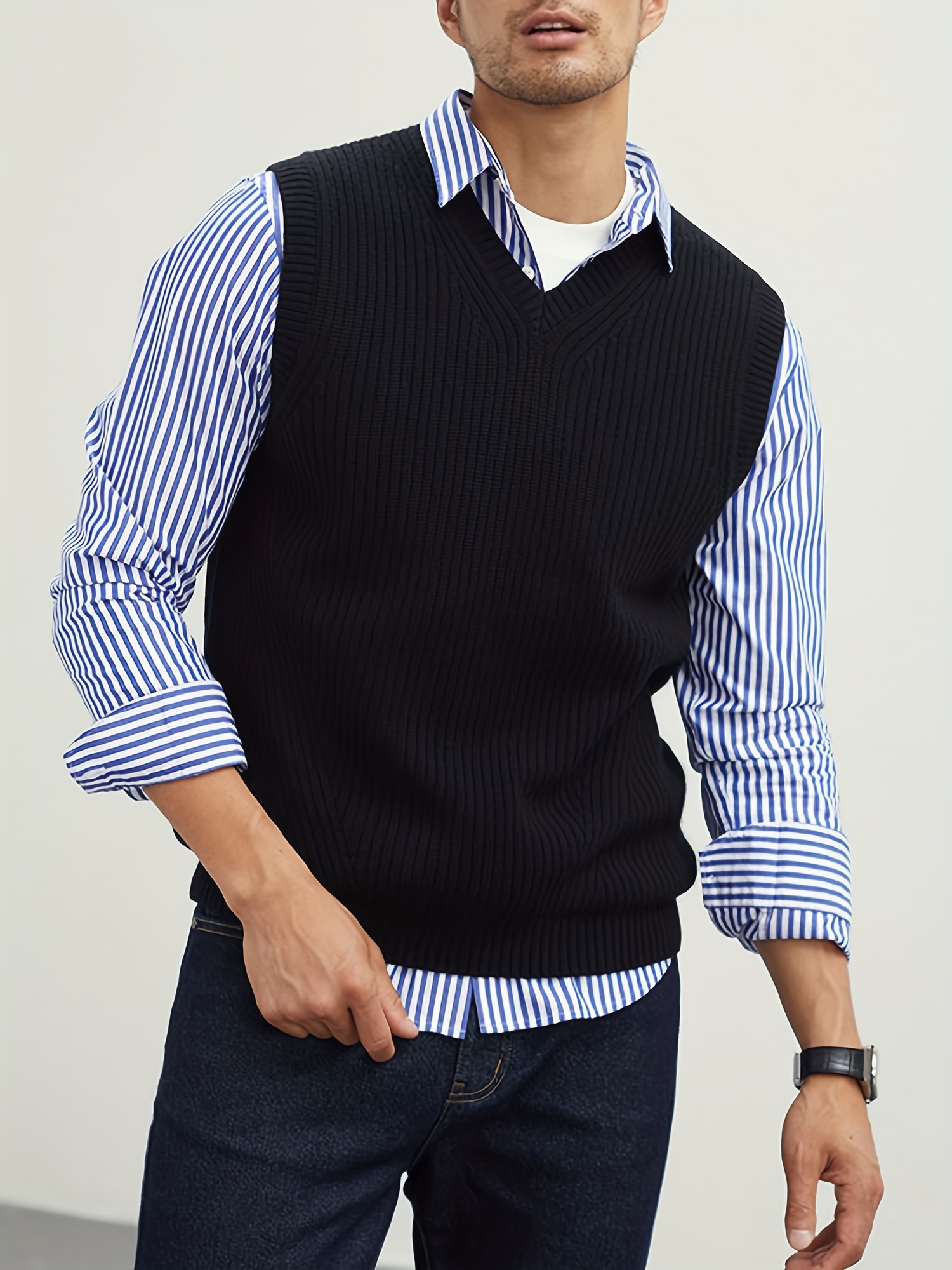 mens v neck sweater vest pullover solid color sleeveless sweaters vest details 0