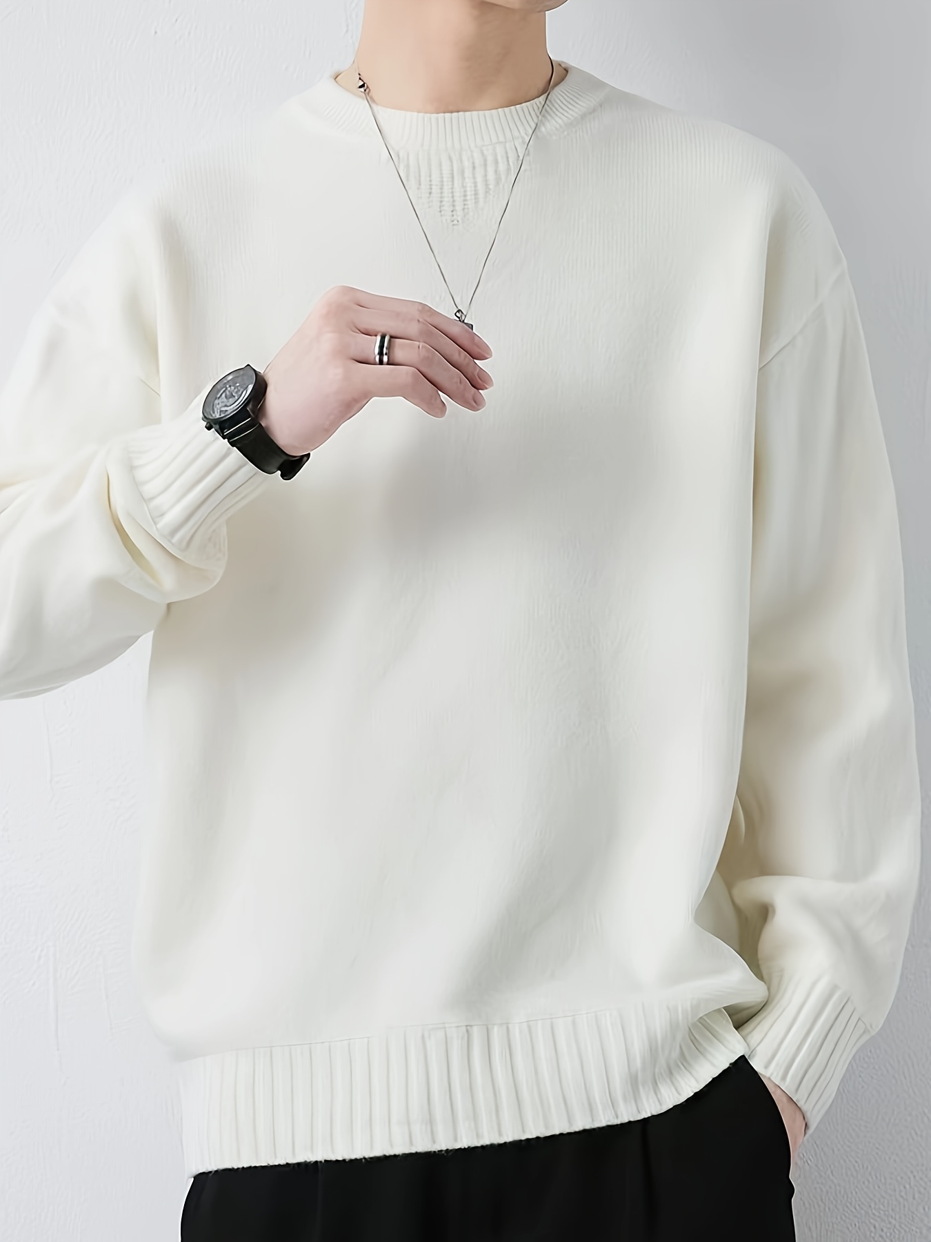 all match knitted sweater mens casual warm slightly stretch crew neck pullover sweater for details 0
