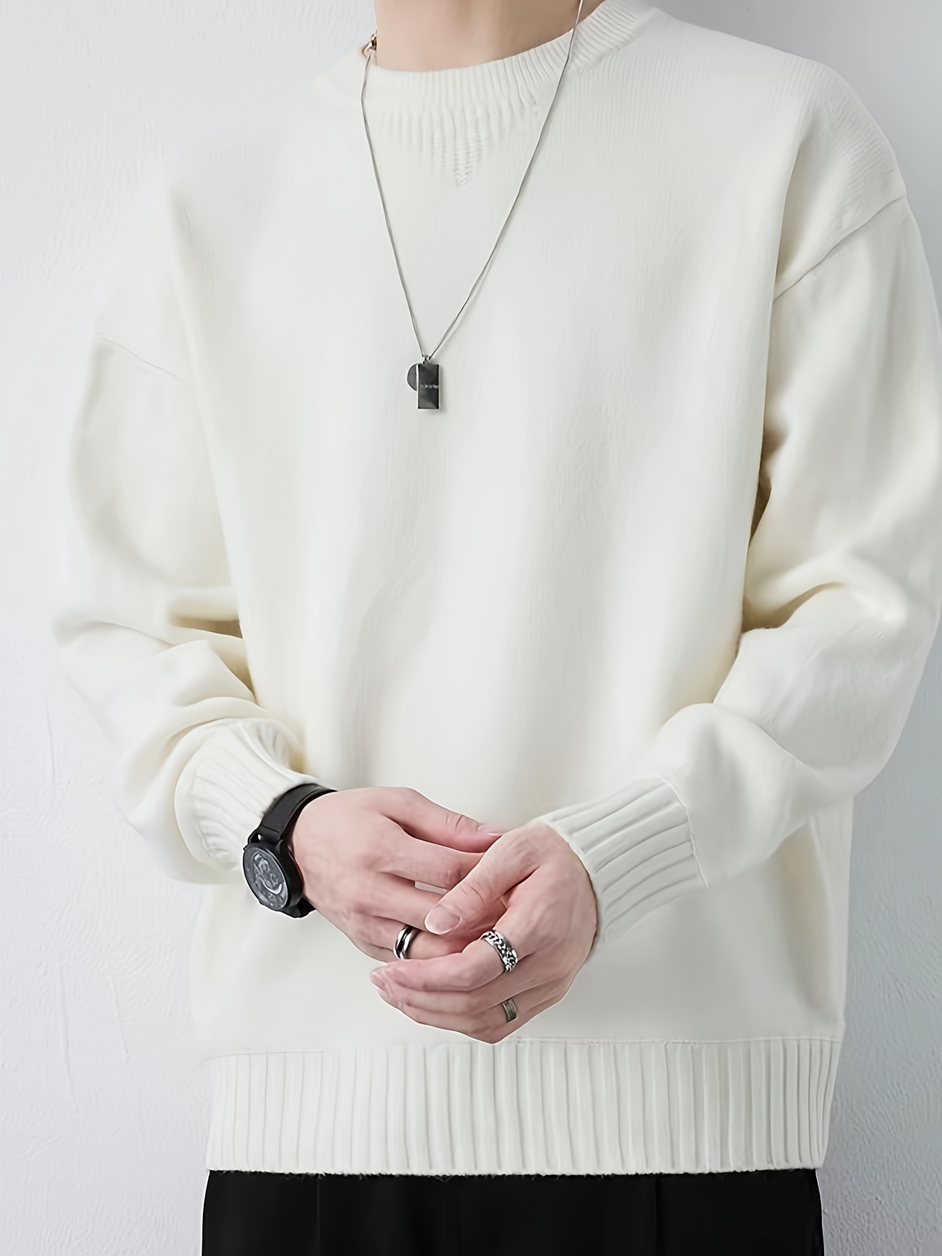 all match knitted sweater mens casual warm slightly stretch crew neck pullover sweater for details 1