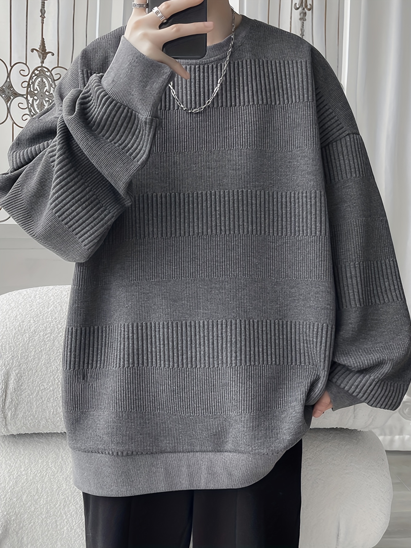 mens solid knitted pullover casual breathable long sleeve crew neck top for outdoor activities details 10