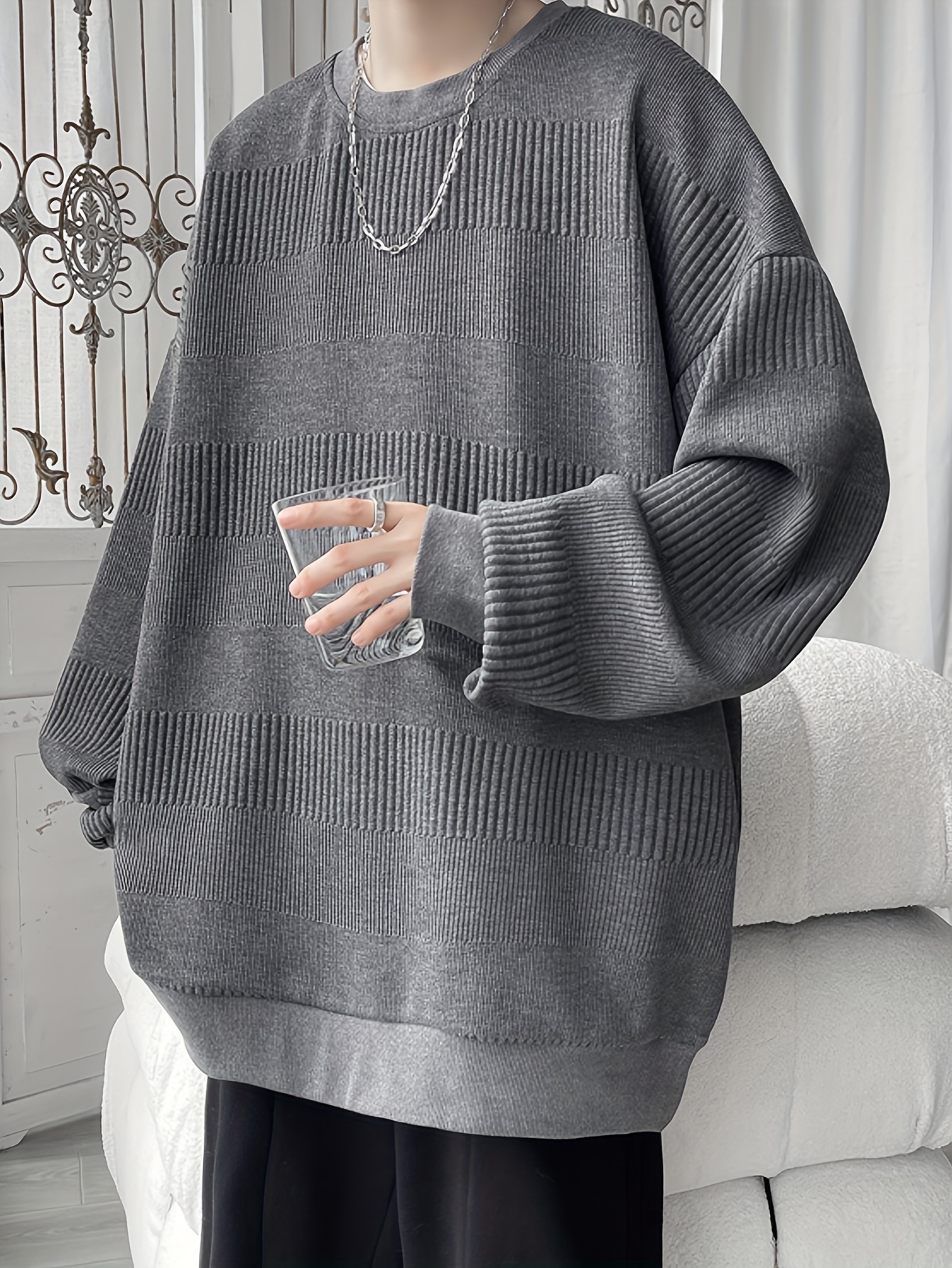 mens solid knitted pullover casual breathable long sleeve crew neck top for outdoor activities details 13