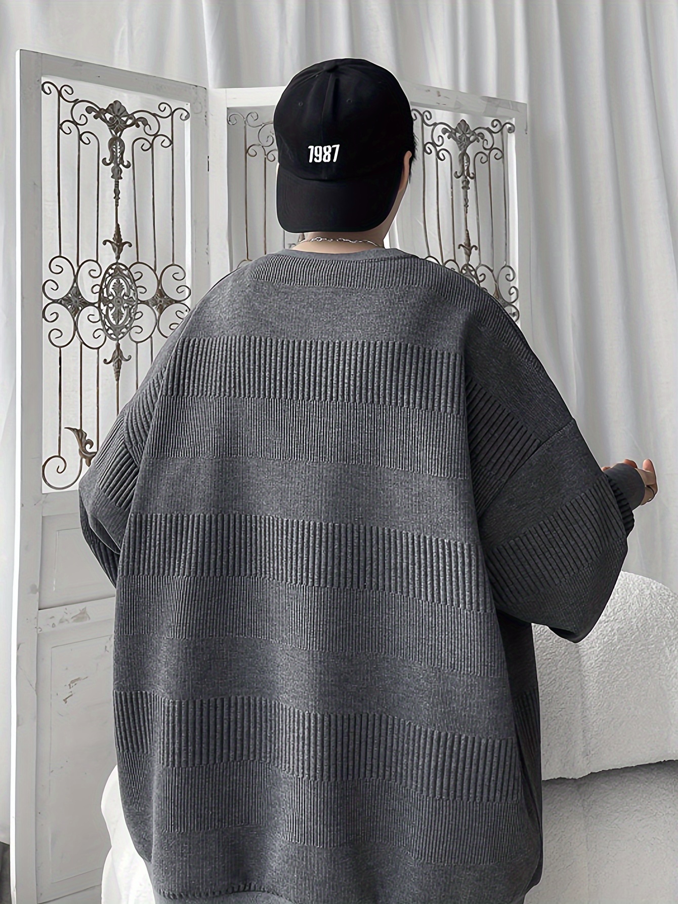 mens solid knitted pullover casual breathable long sleeve crew neck top for outdoor activities details 14