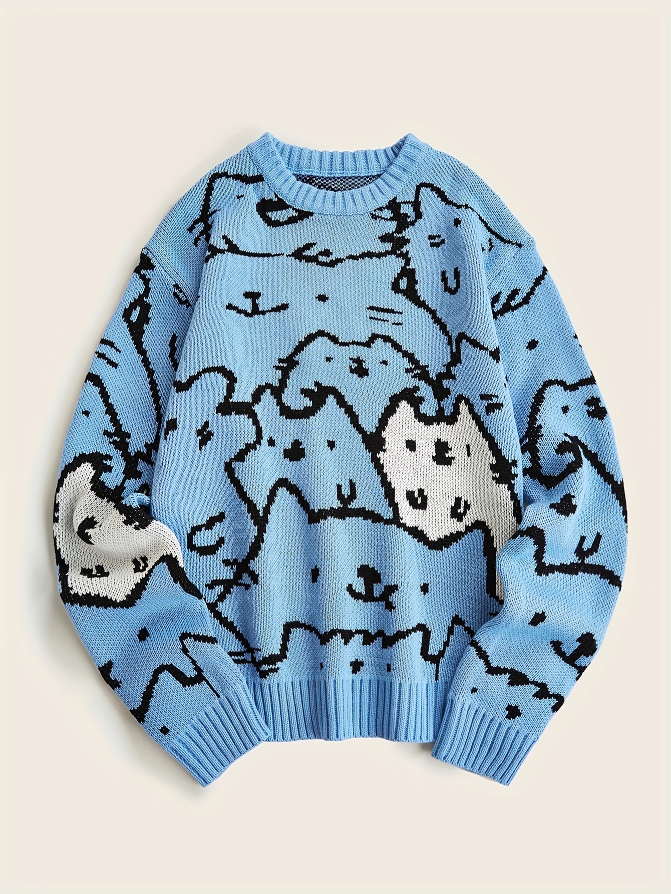 cute cats pattern knitted sweater mens casual warm slightly stretch crew neck pullover sweater for men details 0