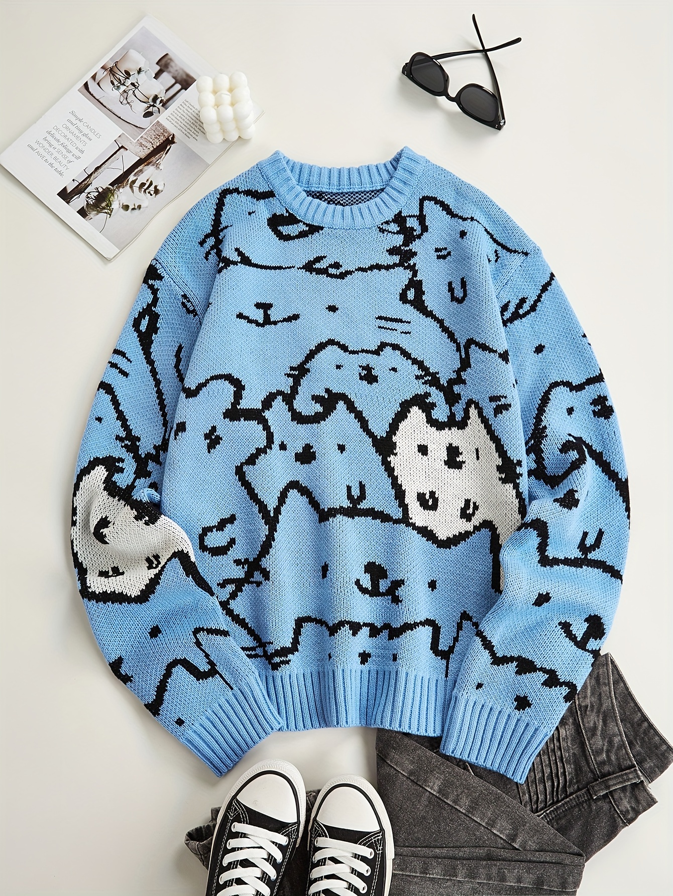 cute cats pattern knitted sweater mens casual warm slightly stretch crew neck pullover sweater for men details 2