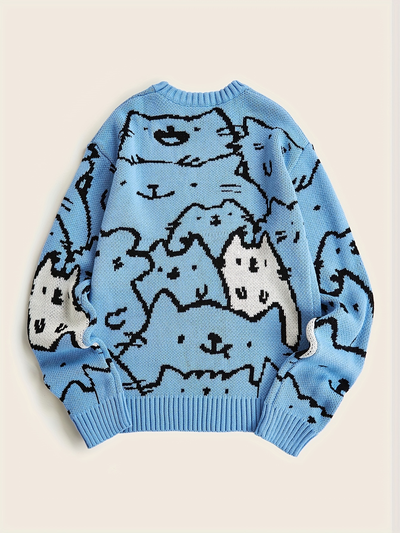 cute cats pattern knitted sweater mens casual warm slightly stretch crew neck pullover sweater for men details 3