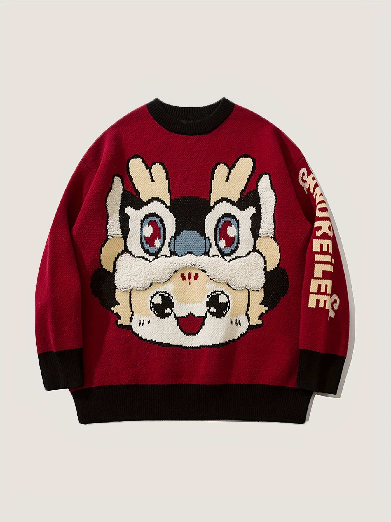 mens stylish cat pattern knitted pullover casual breathable long sleeve crew neck top for city walk street hanging outdoor activities details 0