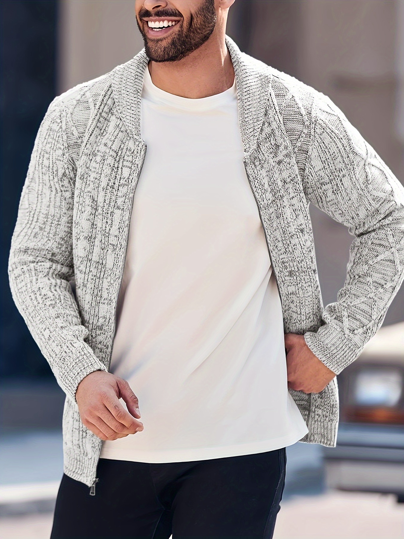 mens shawl neck cardigan sweater cable knit zip up closure with pockets winter jacket outerwear details 0