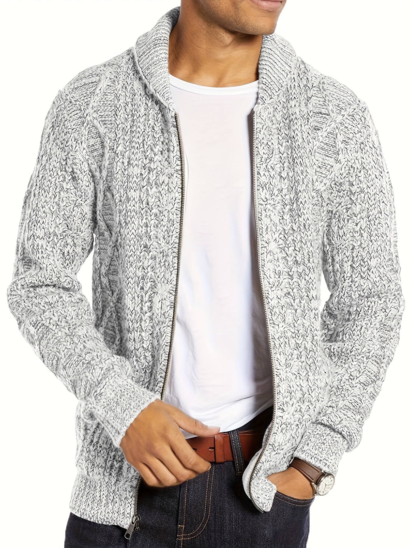mens shawl neck cardigan sweater cable knit zip up closure with pockets winter jacket outerwear details 1