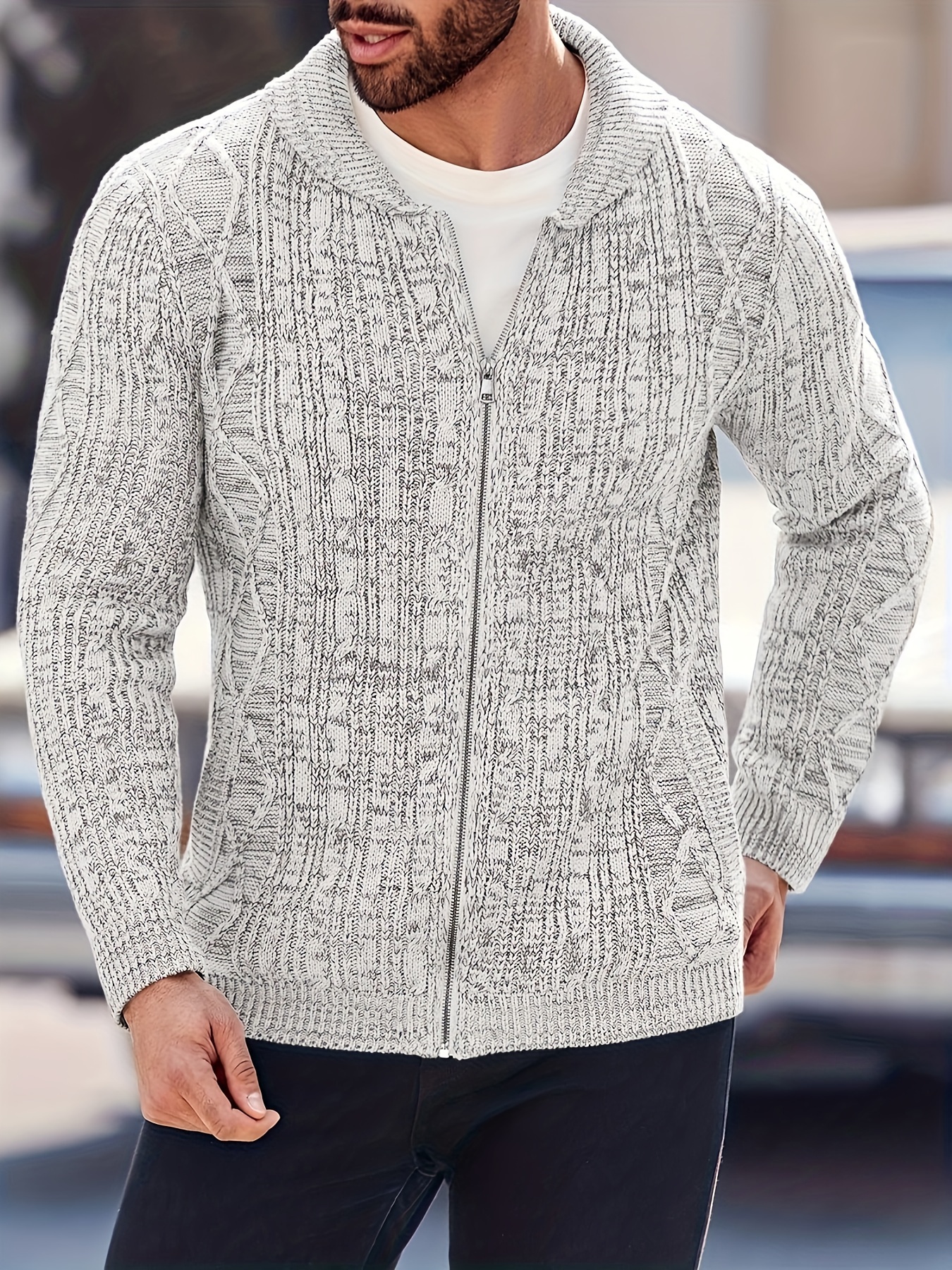 mens shawl neck cardigan sweater cable knit zip up closure with pockets winter jacket outerwear details 2