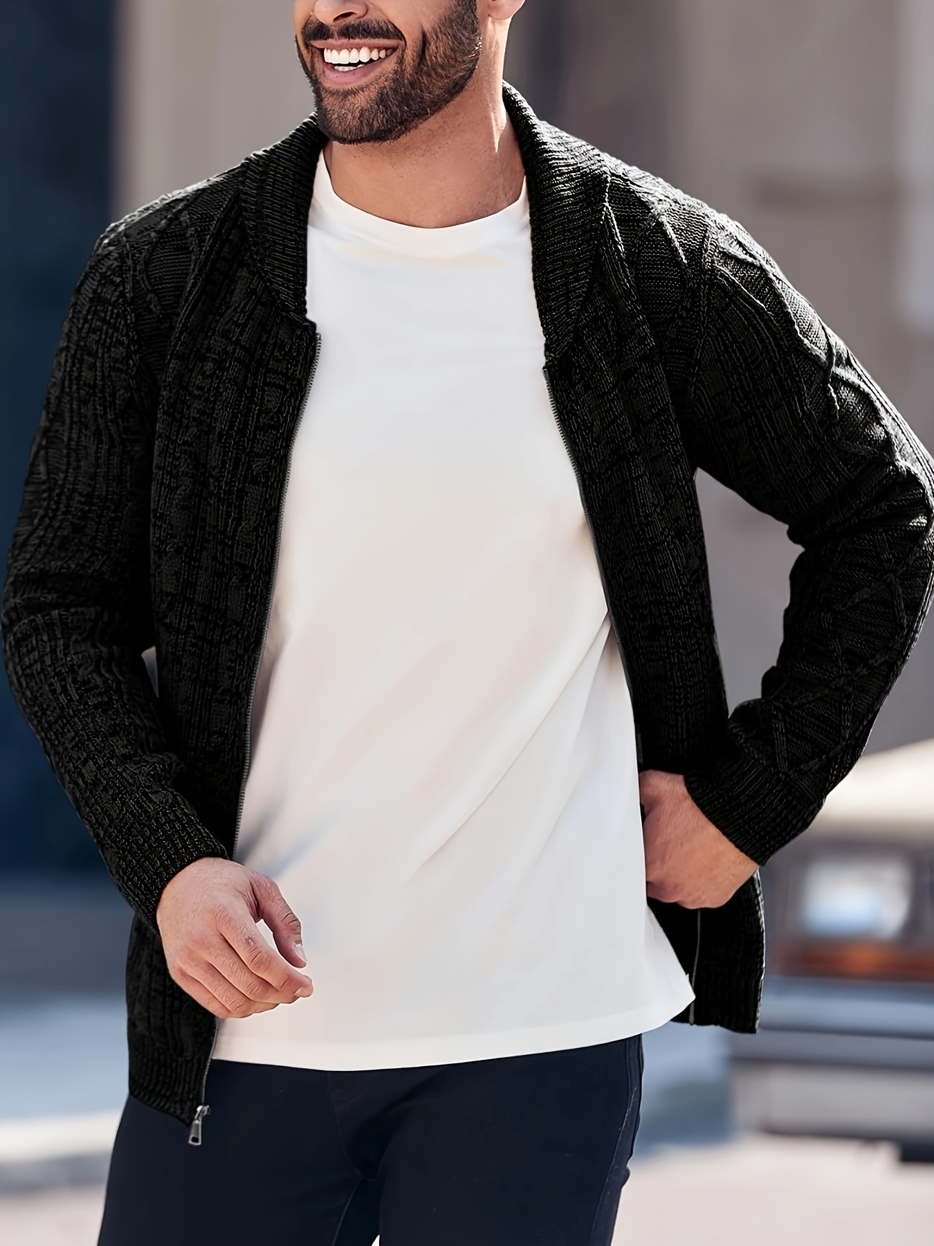 mens shawl neck cardigan sweater cable knit zip up closure with pockets winter jacket outerwear details 5