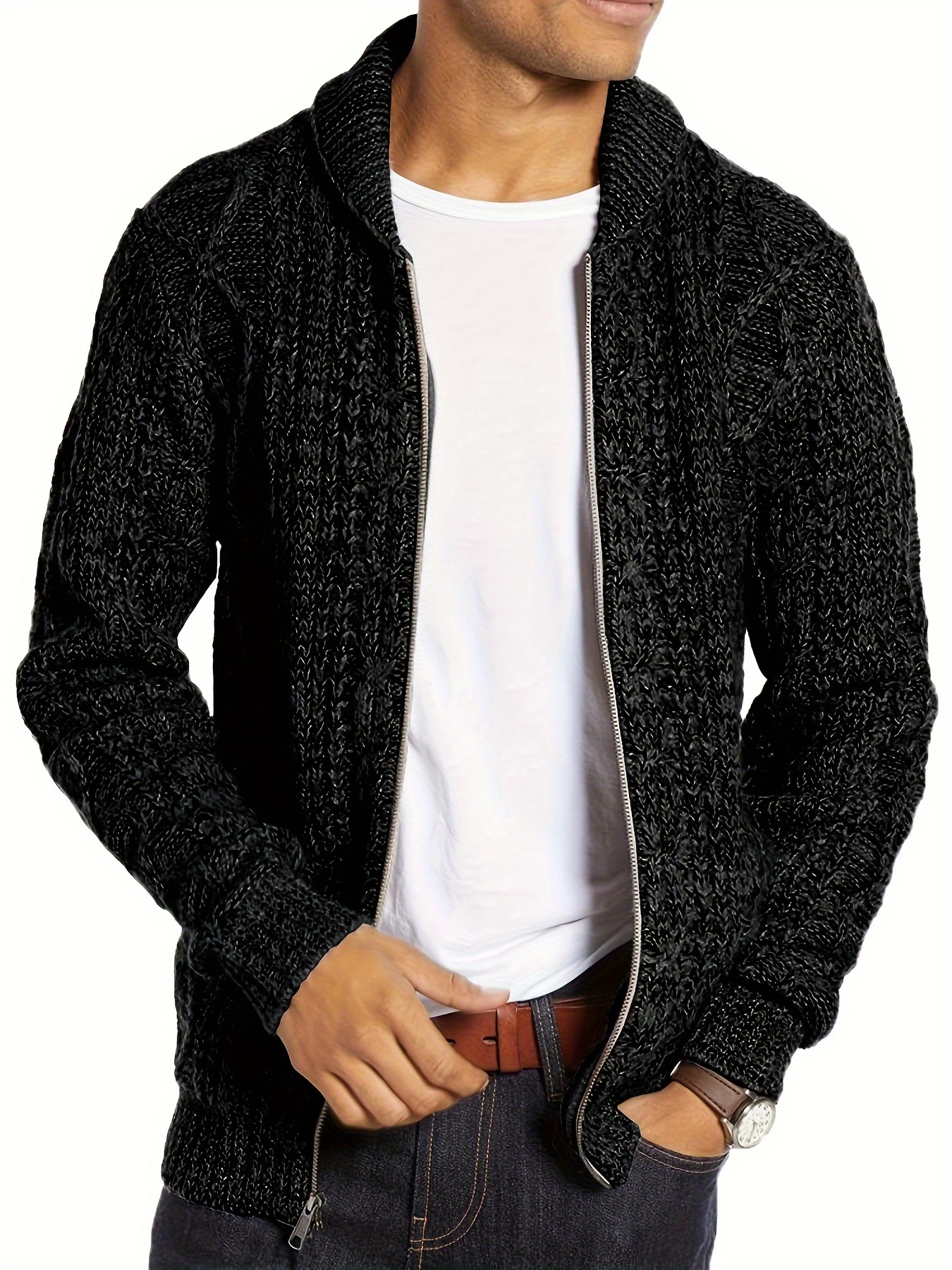 mens shawl neck cardigan sweater cable knit zip up closure with pockets winter jacket outerwear details 6
