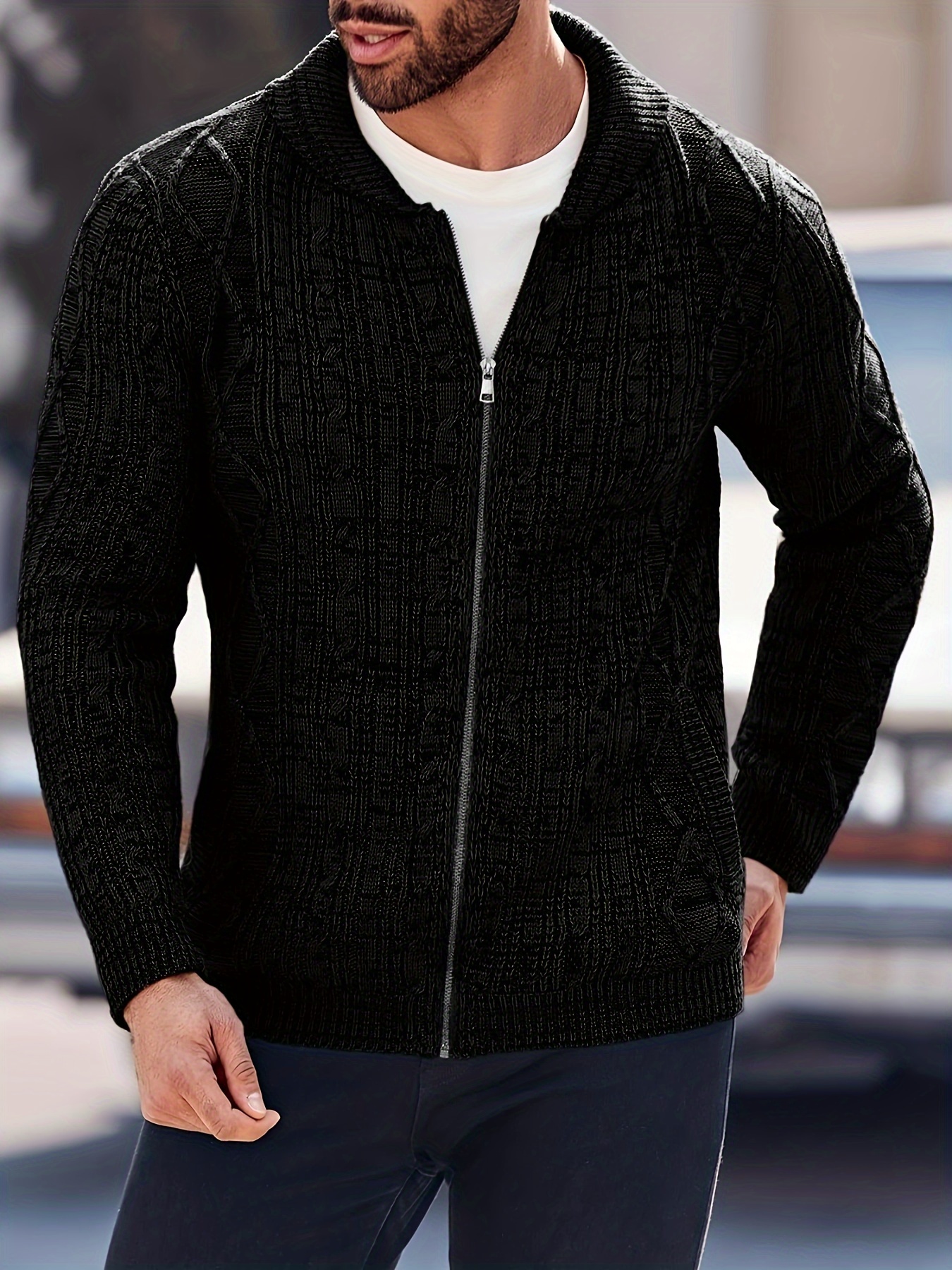 mens shawl neck cardigan sweater cable knit zip up closure with pockets winter jacket outerwear details 7