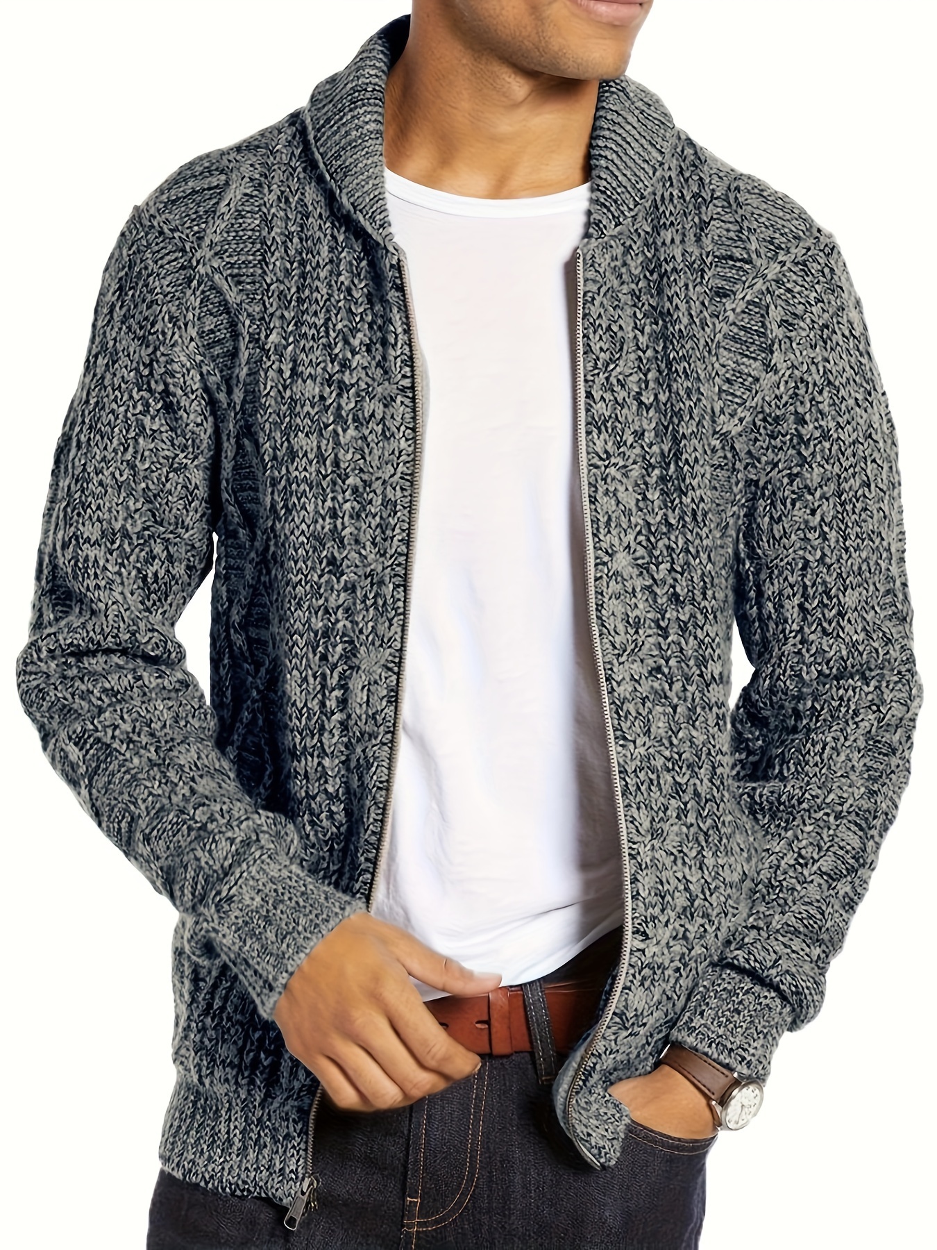mens shawl neck cardigan sweater cable knit zip up closure with pockets winter jacket outerwear details 11