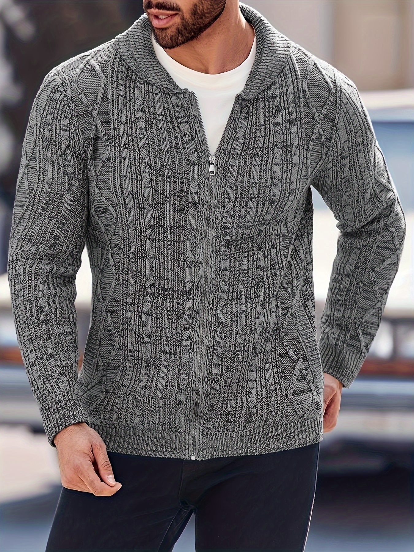 mens shawl neck cardigan sweater cable knit zip up closure with pockets winter jacket outerwear details 12