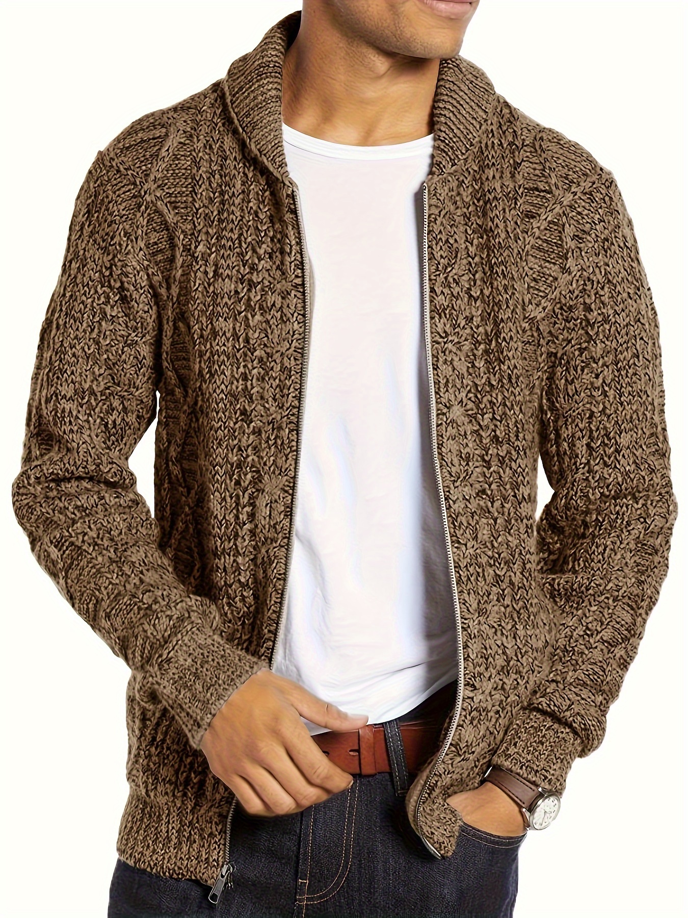 mens shawl neck cardigan sweater cable knit zip up closure with pockets winter jacket outerwear details 15