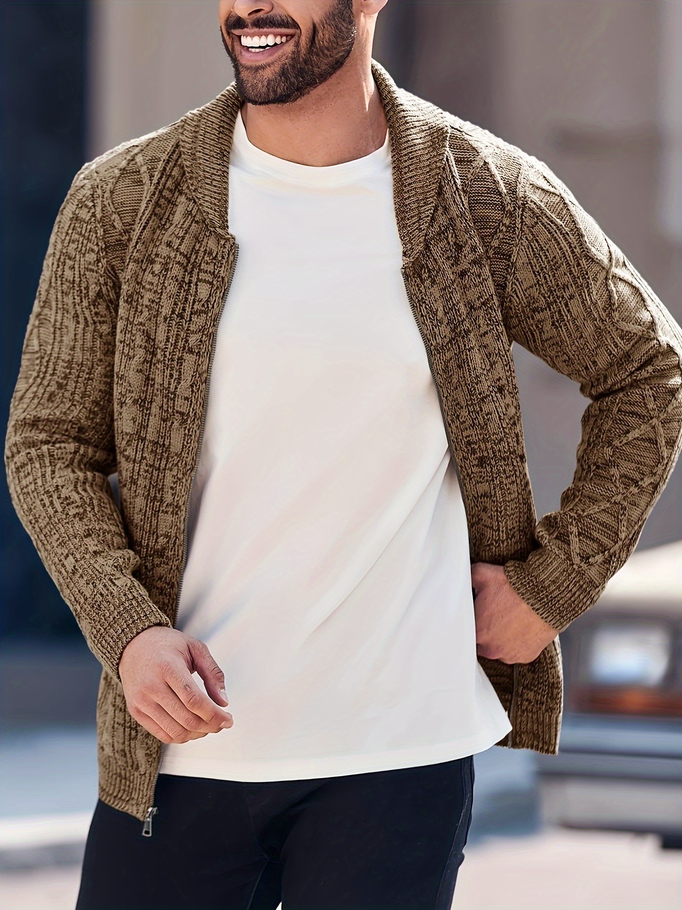 mens shawl neck cardigan sweater cable knit zip up closure with pockets winter jacket outerwear details 16