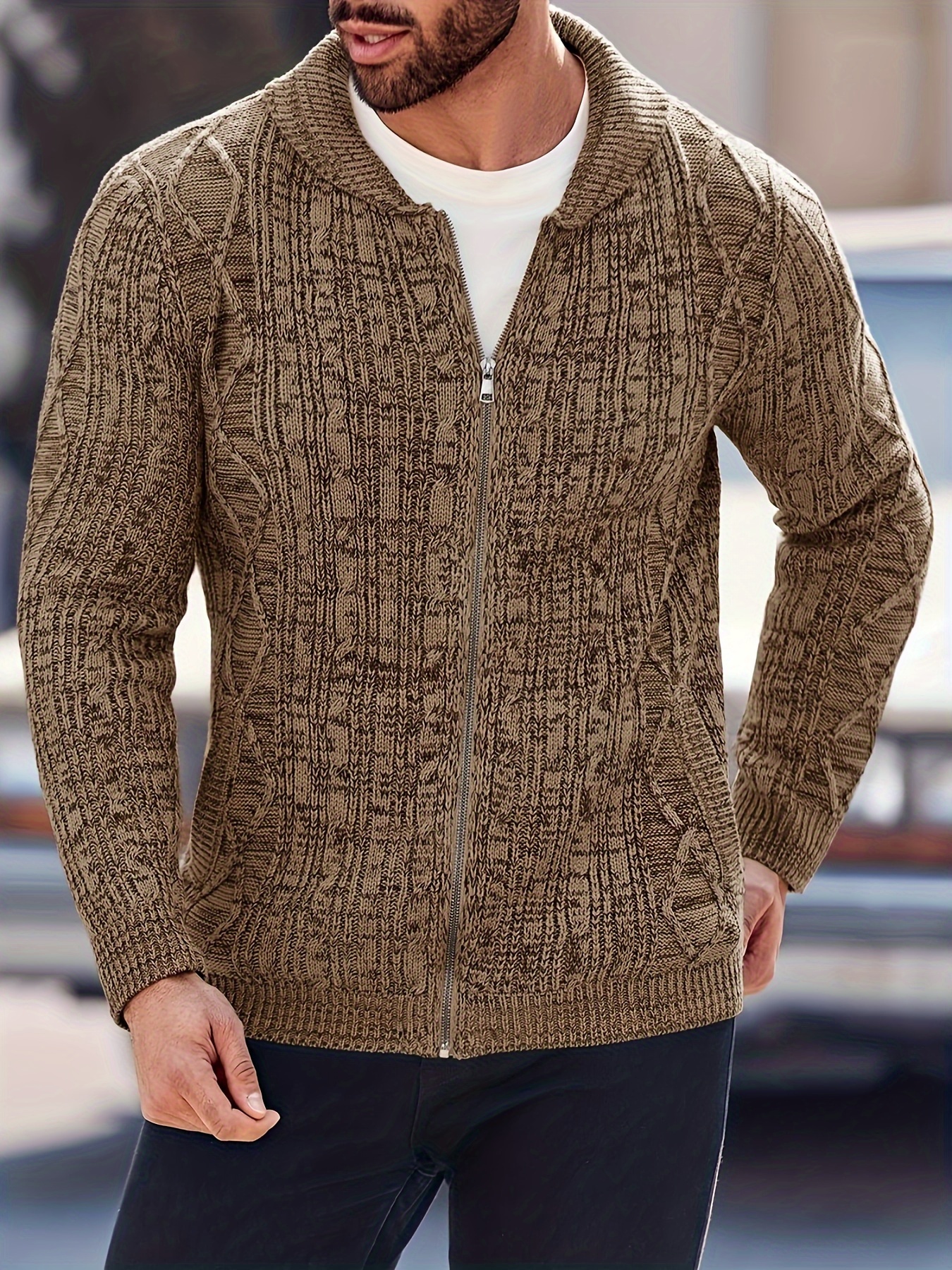 mens shawl neck cardigan sweater cable knit zip up closure with pockets winter jacket outerwear details 17