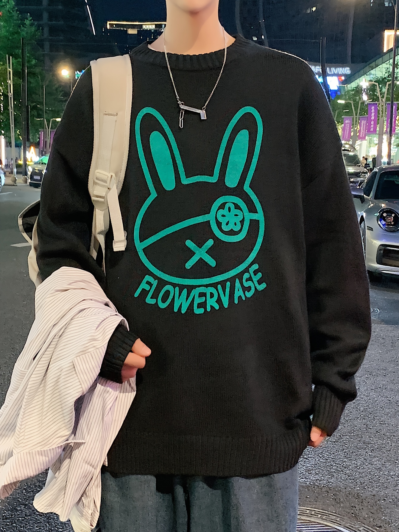 mens loose cartoon rabbit graphic print knitted pullover casual long sleeve crew neck sweater for fall winter details 0