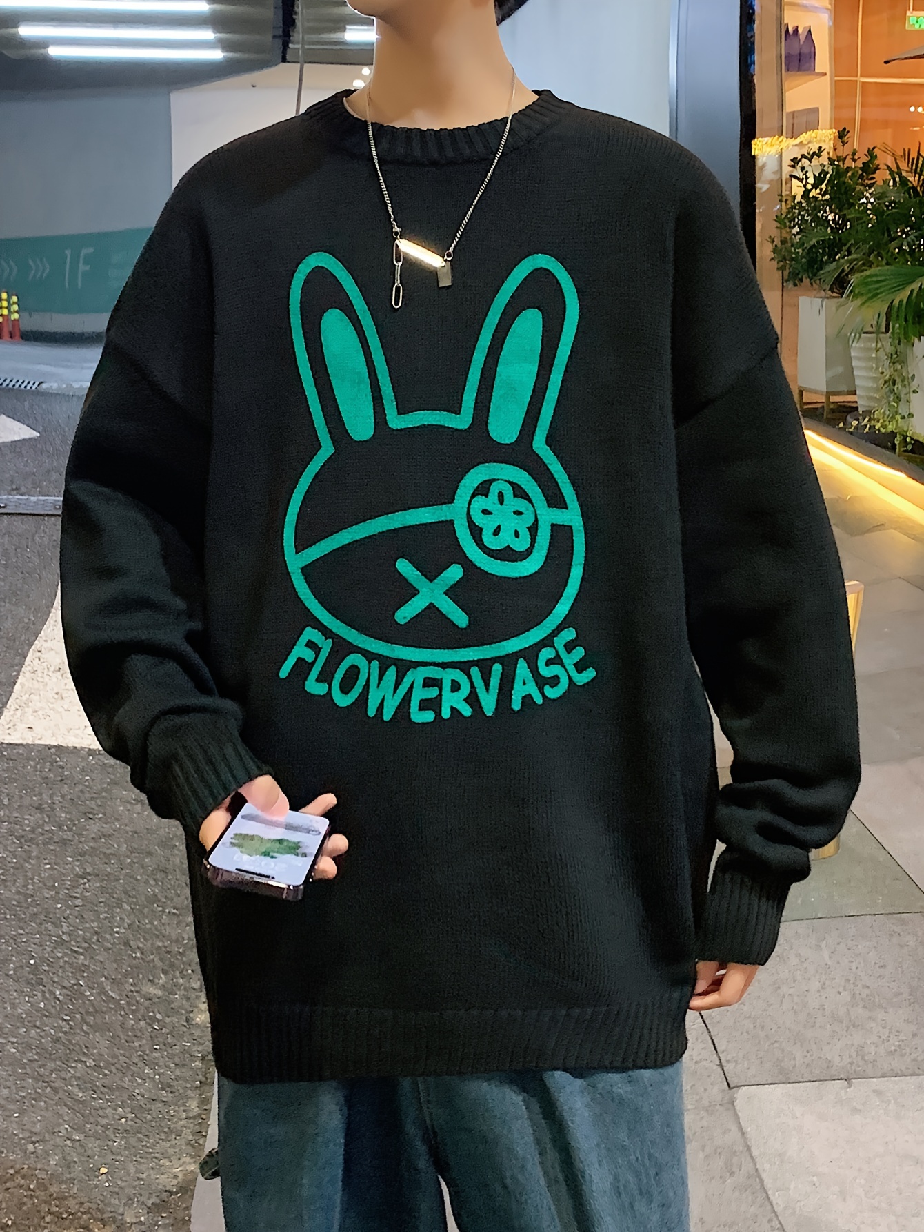 mens loose cartoon rabbit graphic print knitted pullover casual long sleeve crew neck sweater for fall winter details 1