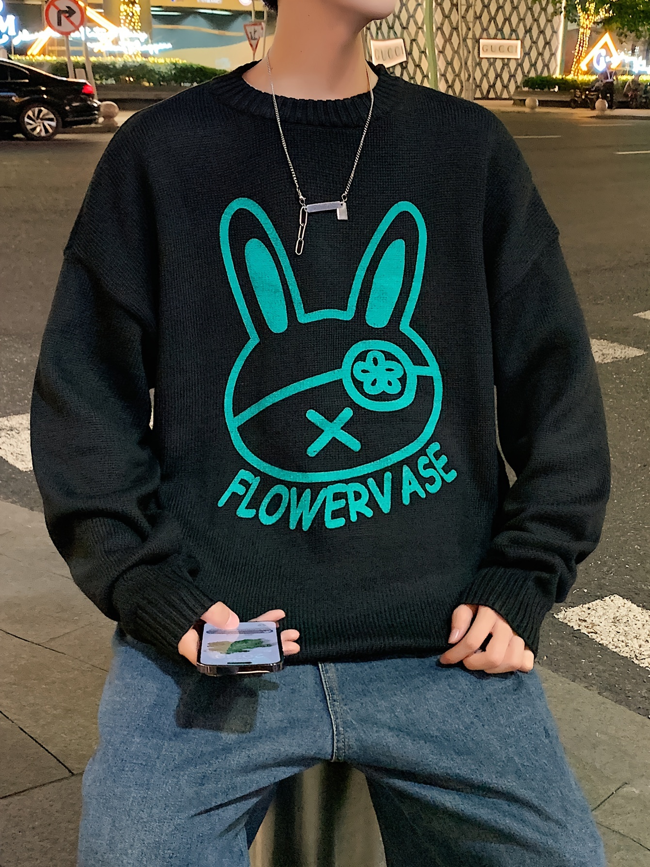 mens loose cartoon rabbit graphic print knitted pullover casual long sleeve crew neck sweater for fall winter details 2