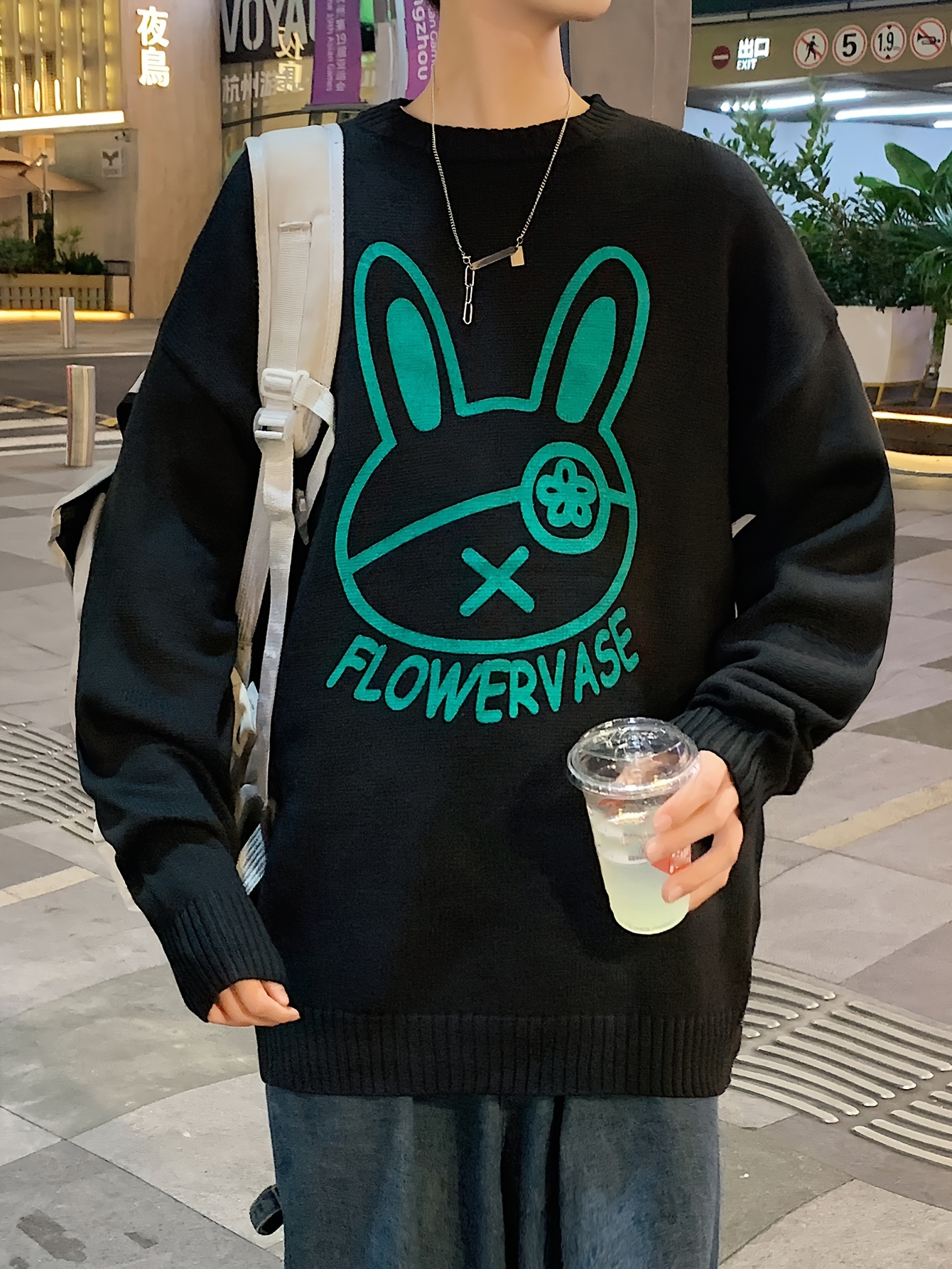 mens loose cartoon rabbit graphic print knitted pullover casual long sleeve crew neck sweater for fall winter details 3