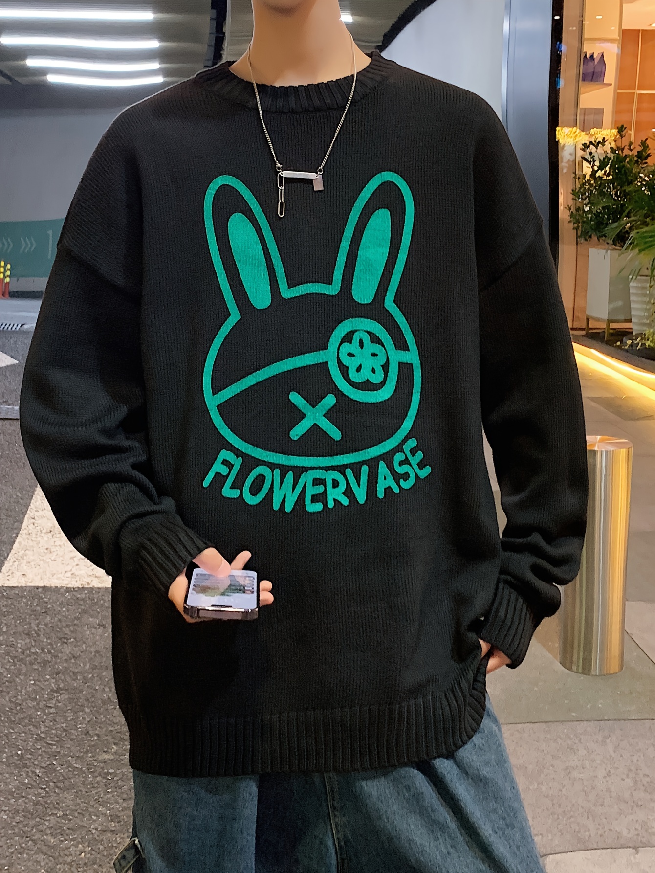 mens loose cartoon rabbit graphic print knitted pullover casual long sleeve crew neck sweater for fall winter details 4