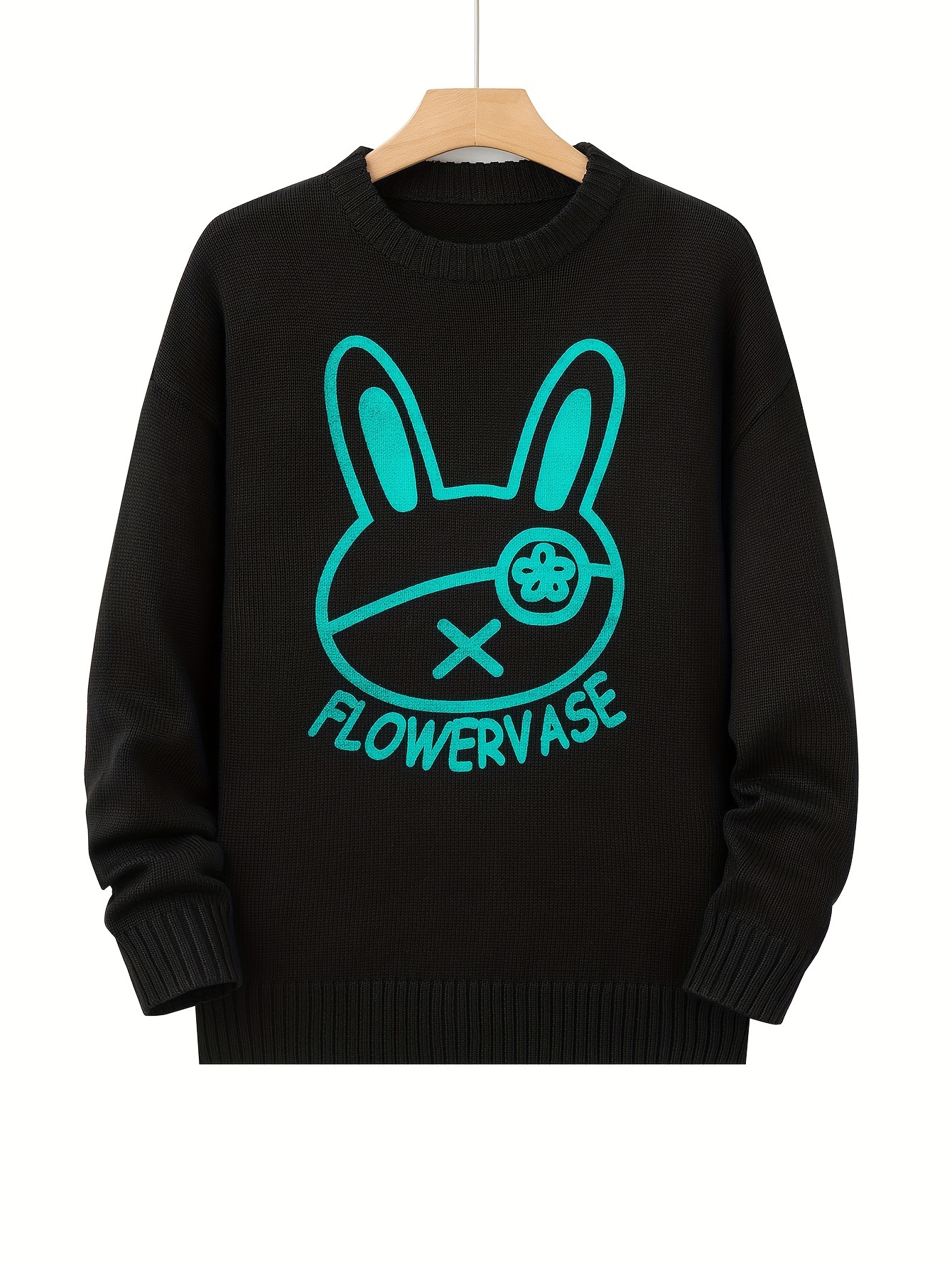 mens loose cartoon rabbit graphic print knitted pullover casual long sleeve crew neck sweater for fall winter details 6