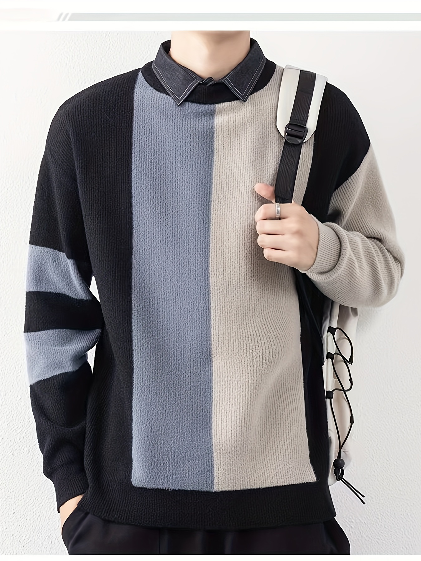 mens stylish stripe pattern shirt casual breathable long sleeve crew neck top for city walk street hanging outdoor activities details 0