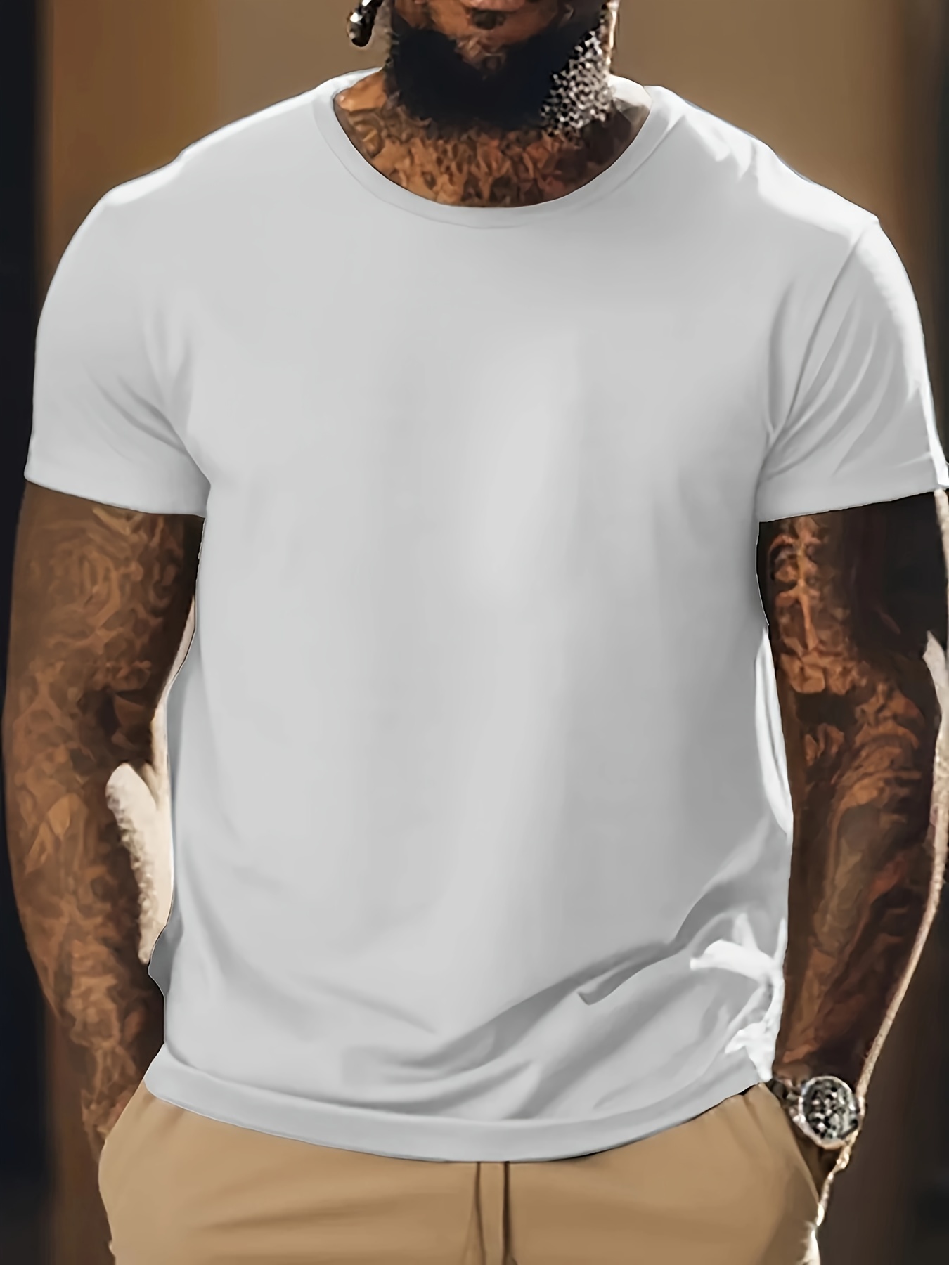 1pc 5pcs plus size mens solid casual t shirt with crew neck for summer mens clothing details 4