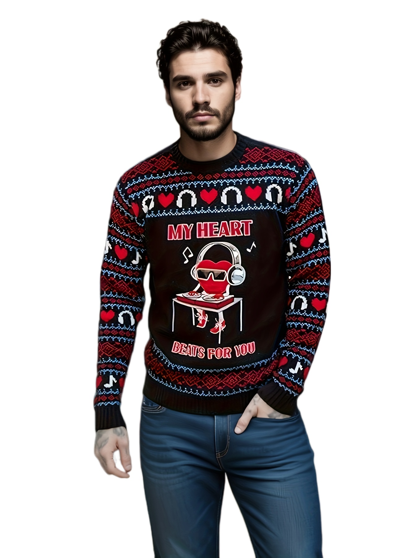 mens headphone love and geometric graphic pattern knit crew neck long sleeve sweater trendy and stylish tops for autumn and winter outdoors and sports wear details 1