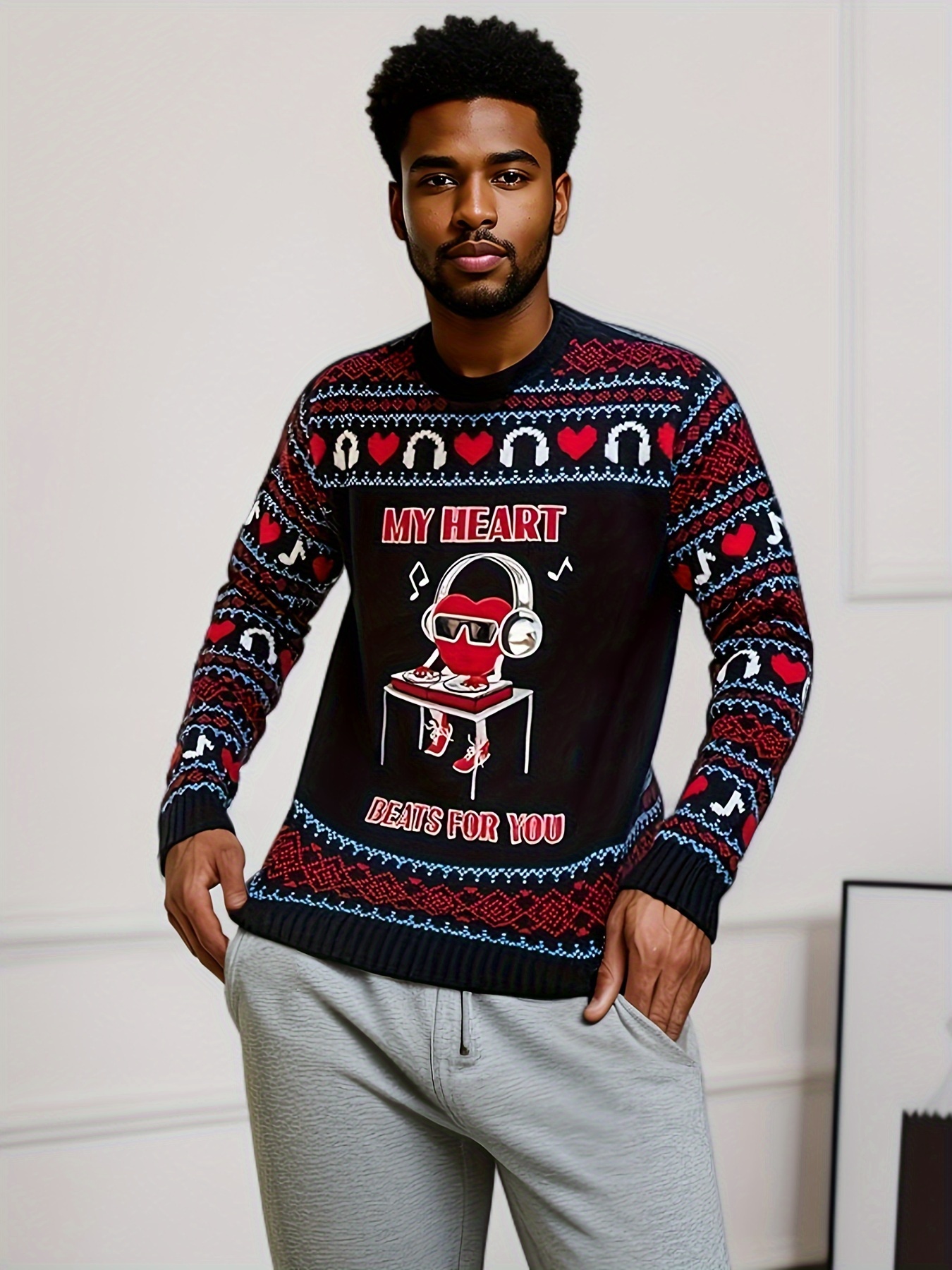 mens headphone love and geometric graphic pattern knit crew neck long sleeve sweater trendy and stylish tops for autumn and winter outdoors and sports wear details 2